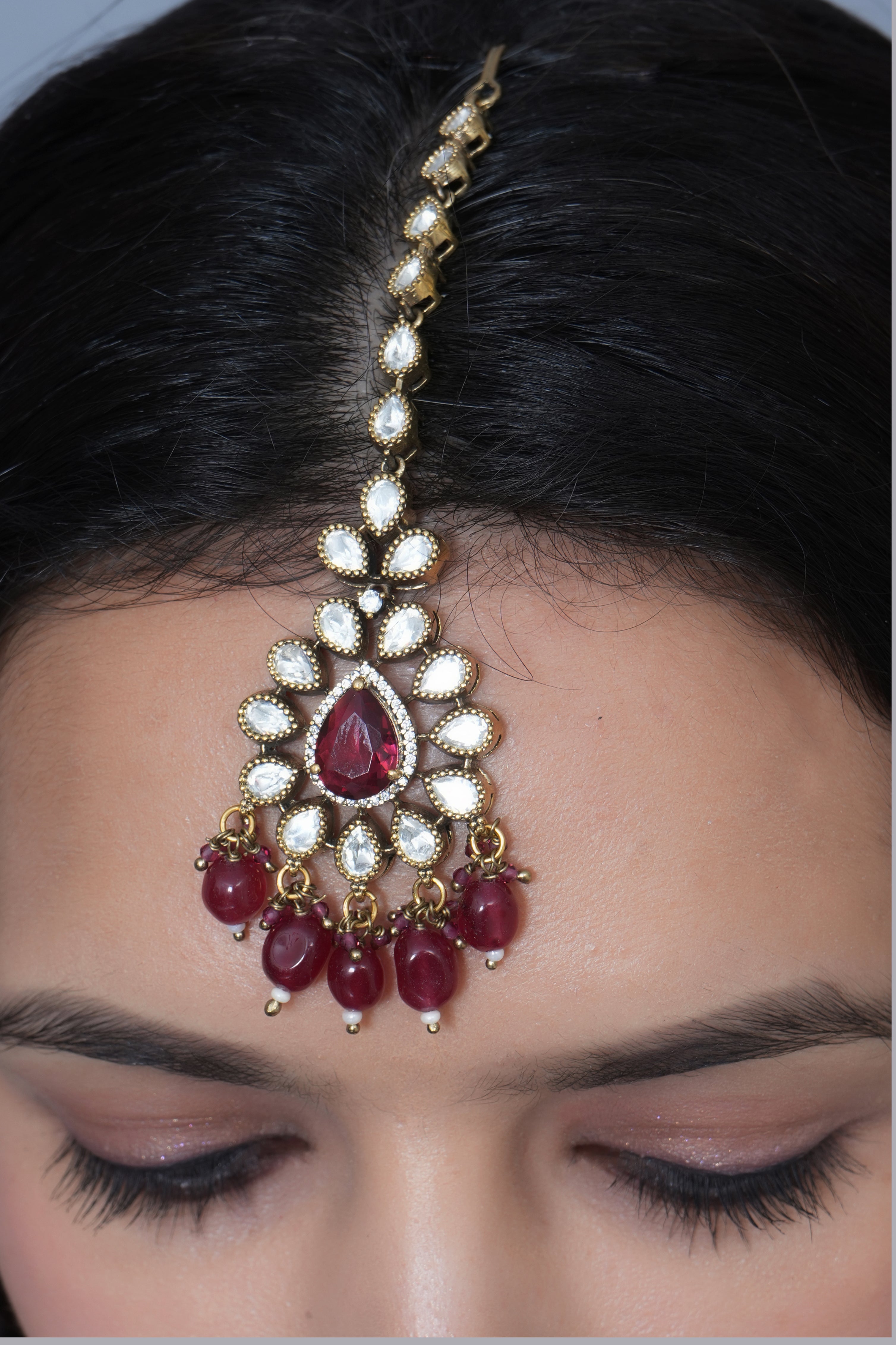 Ruby Red Stone Designer Kundan Maang Tikka