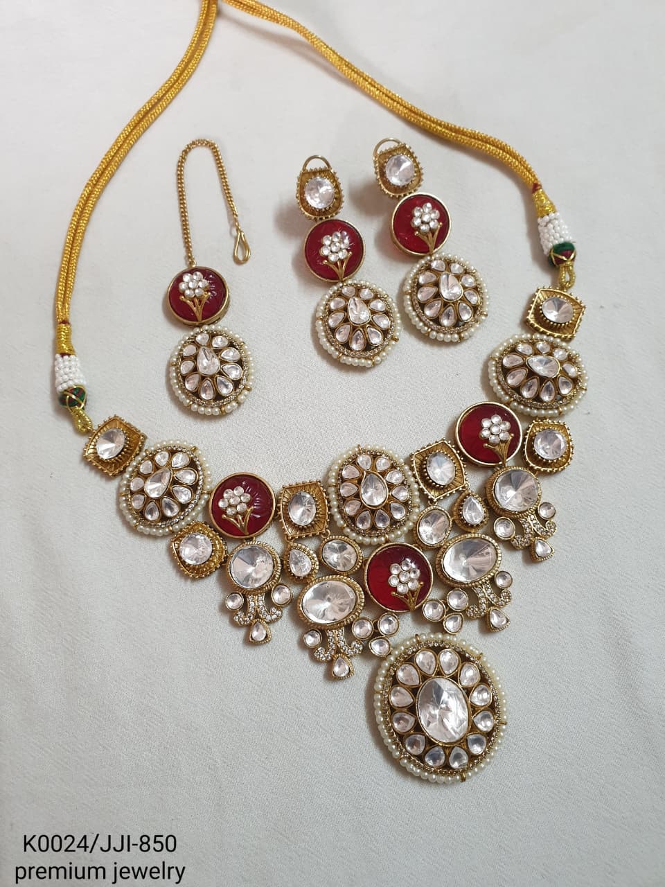 Premium Kundan Polki Bridal Necklace With Earrings And Maang Tikka