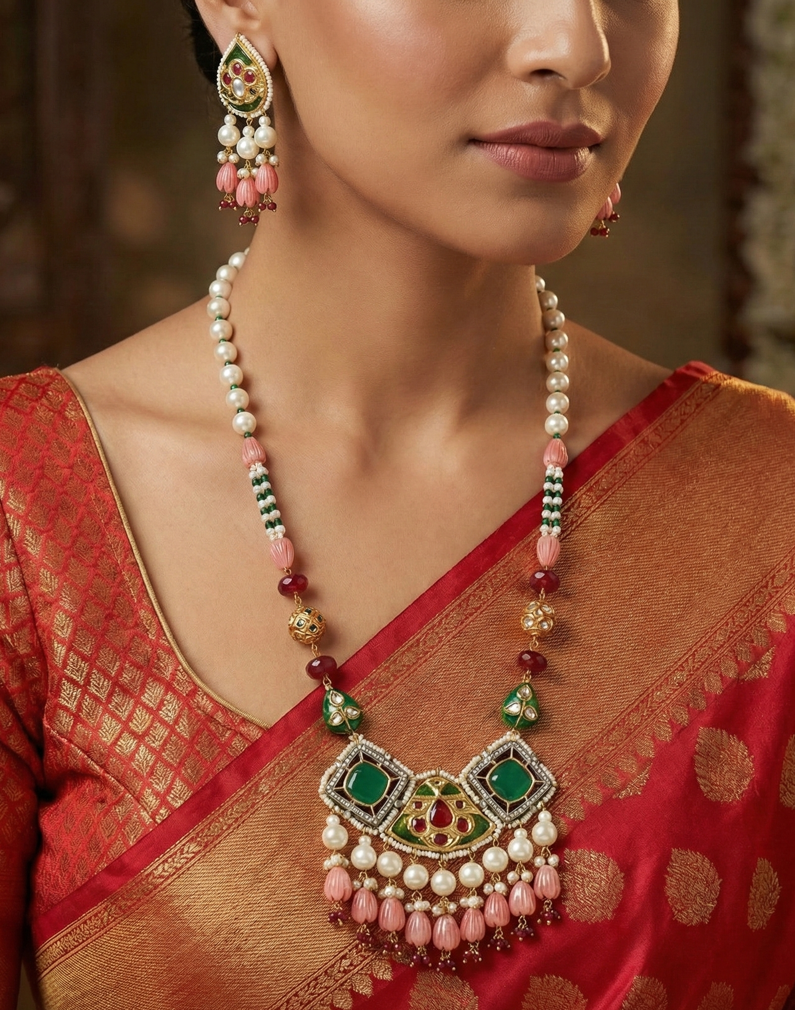 Jadau Fusion Pendant Necklace Set With Pearkl Beads