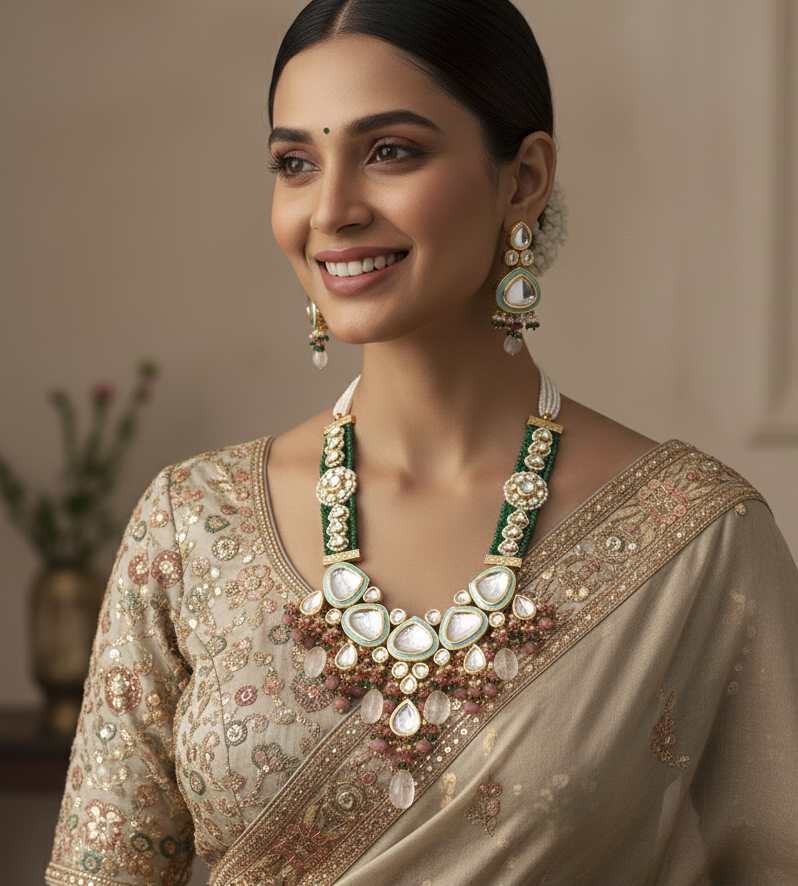 Green Kundan Meenakari Long Necklace Set With Earrings