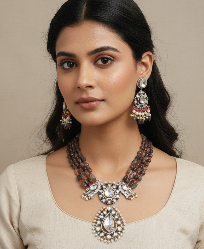 Grey Uncut Mossansite Kundan Bird Pendant Set