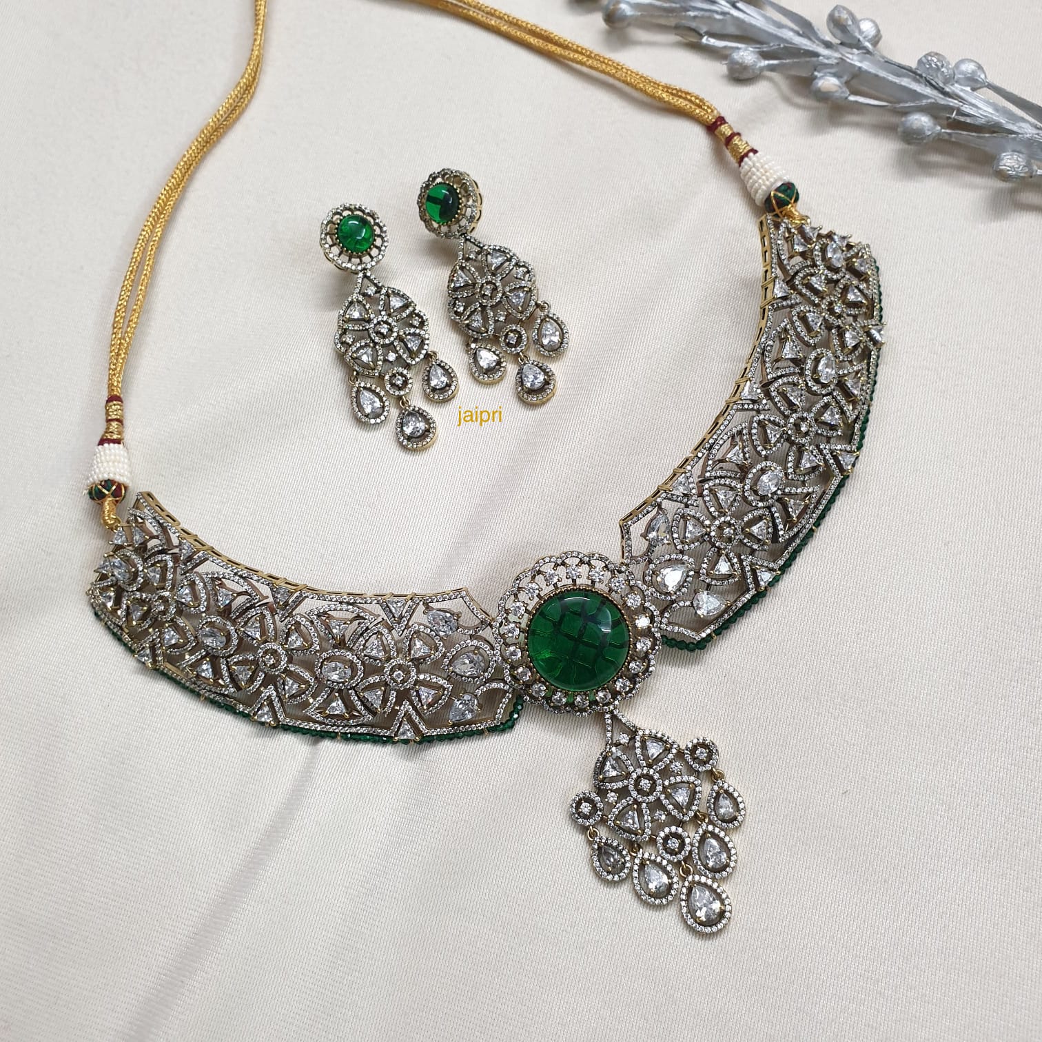 CZ Green Stone Kundan Necklace With Earrings