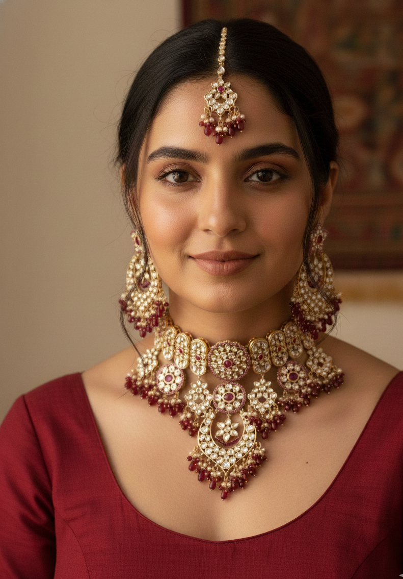 Kundan Polki Bridal Necklace With Earrings And Maang Tikka