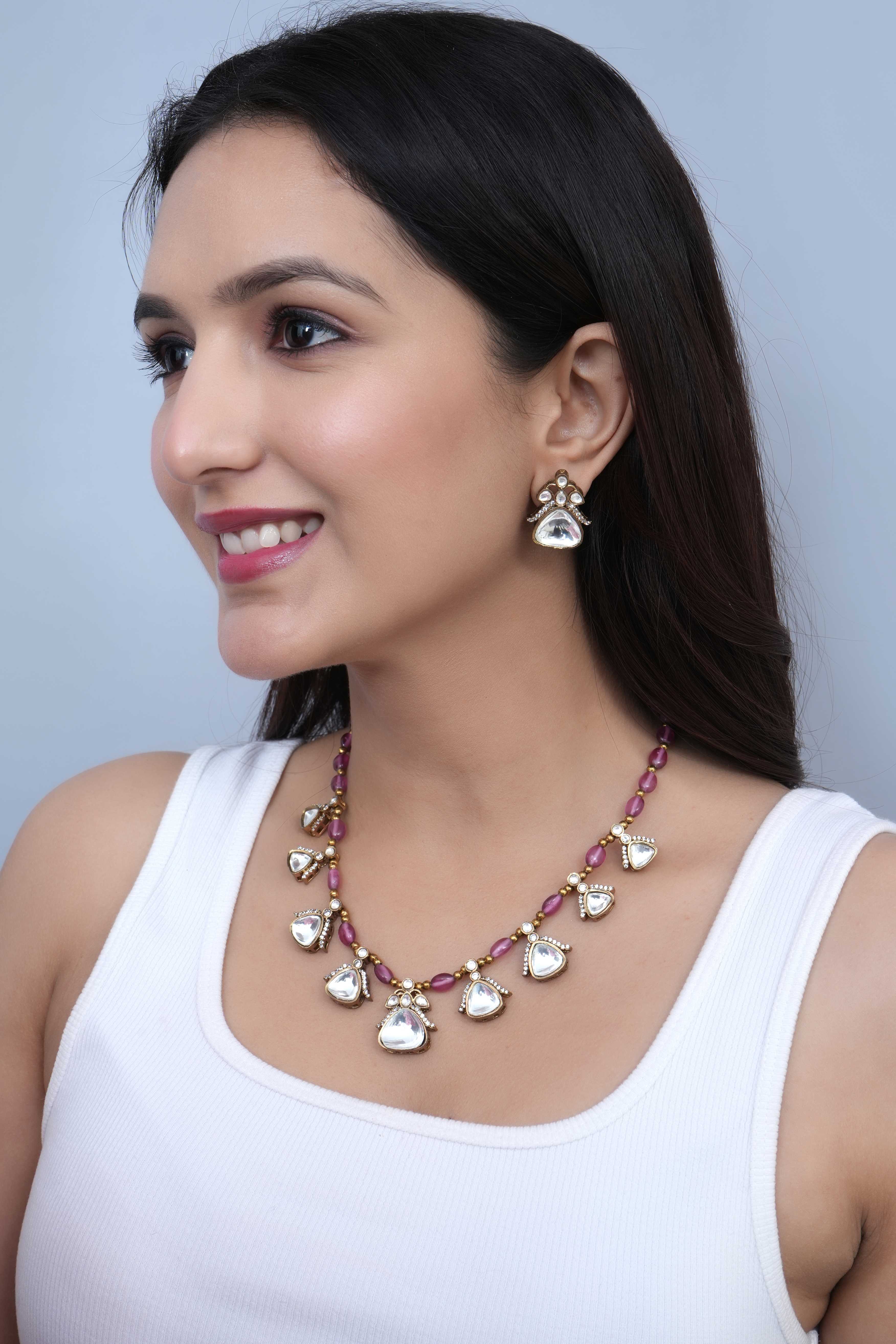 Pink Stone Kundan Polki Delicate Necklace