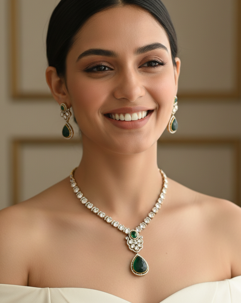 Green Moissanite Kundan Delicate Necklace With Earrings