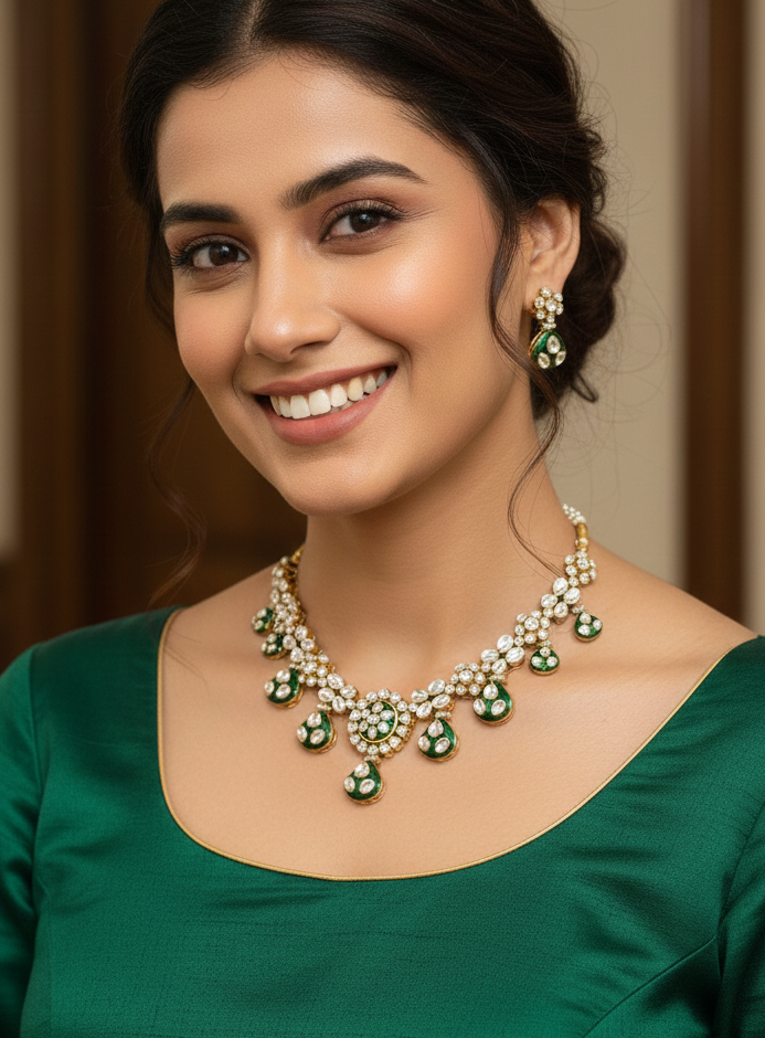 Green Polki Meenakari Necklace