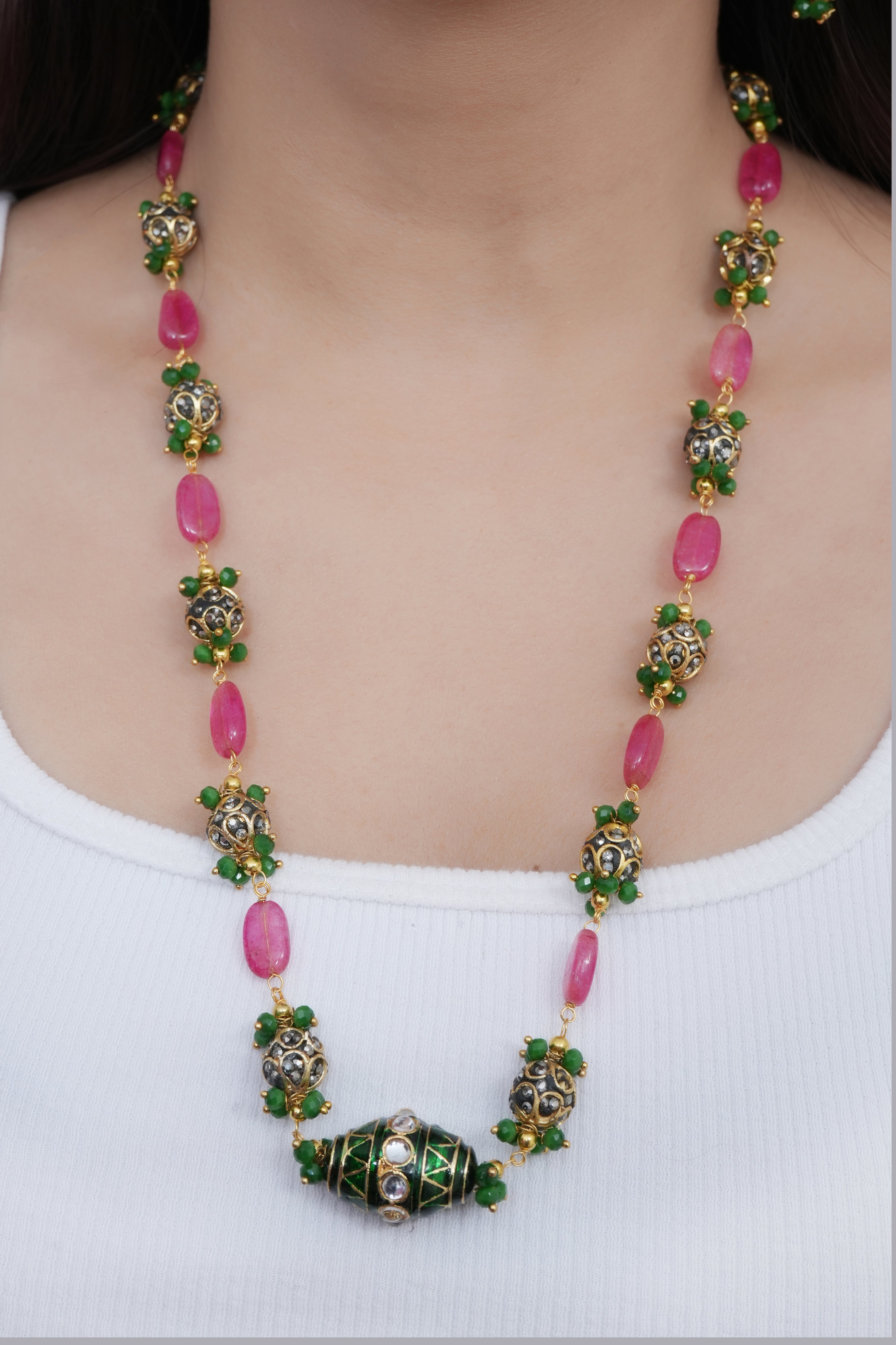 Green Meenakari Pink Stone Single Layer Necklace