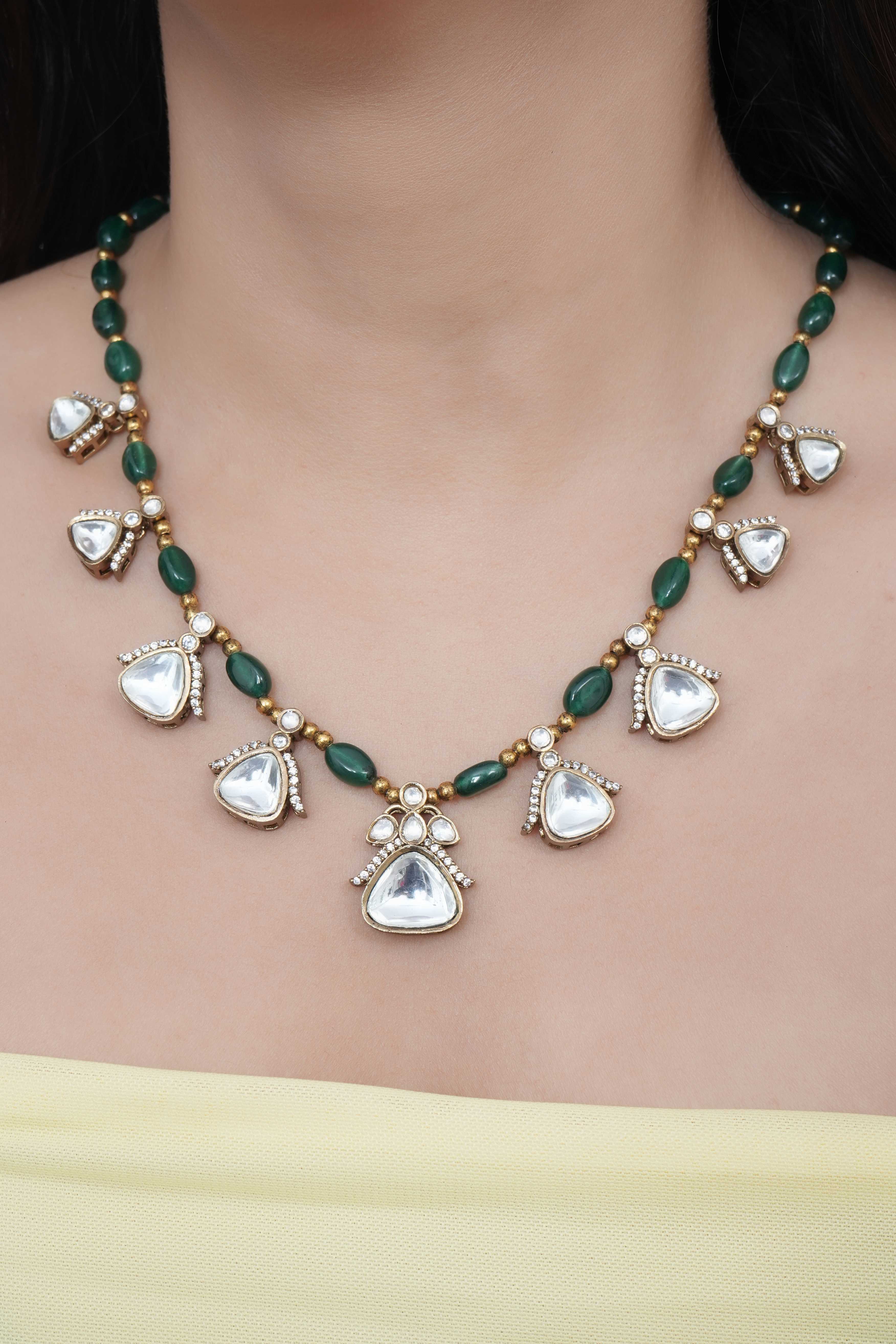 Green Stone Kundan Polki Delicate Necklace