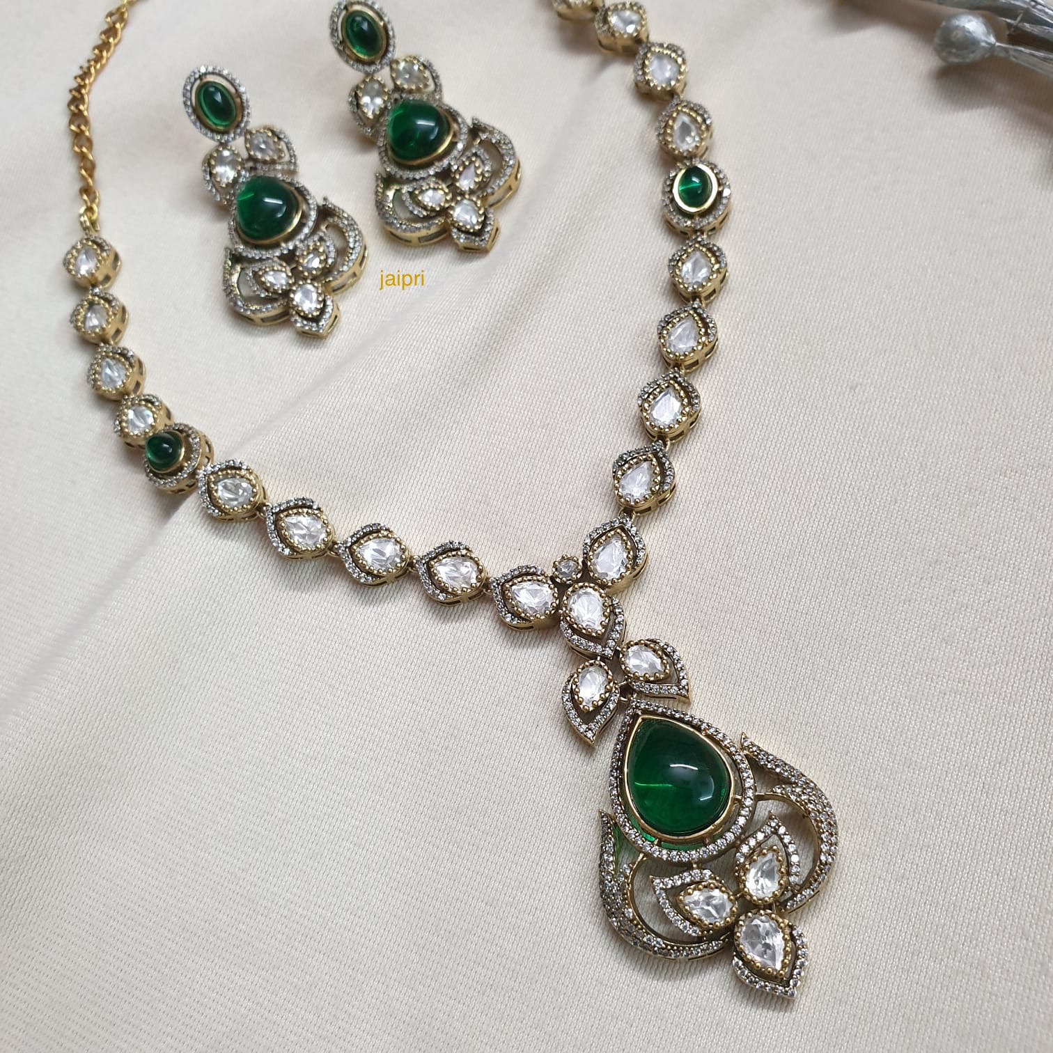 Green Moissanite Kundan Premium Delicate Necklace With Earrings
