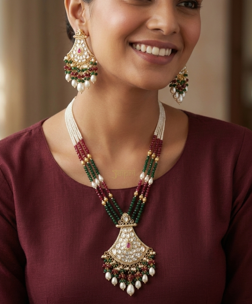 Multicolor Stone Kundan Long Pendant Set With Earrings