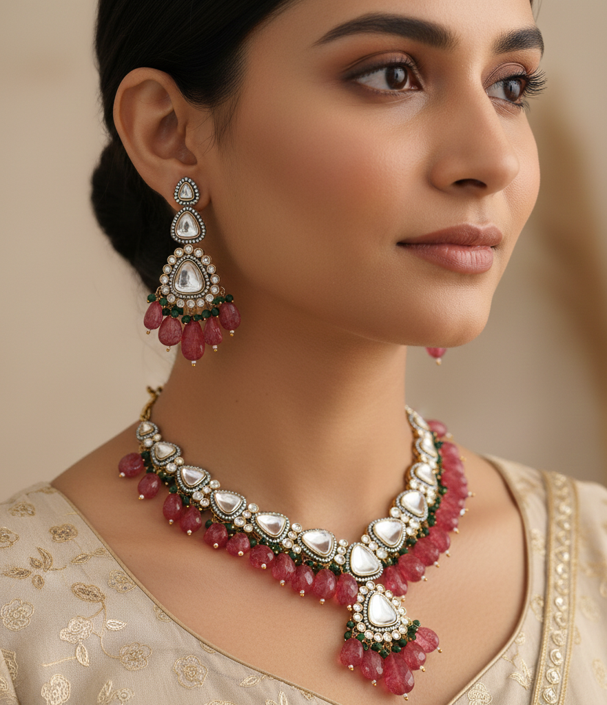 Kundan Polki Tourmaline Beaded Necklace With Earrings