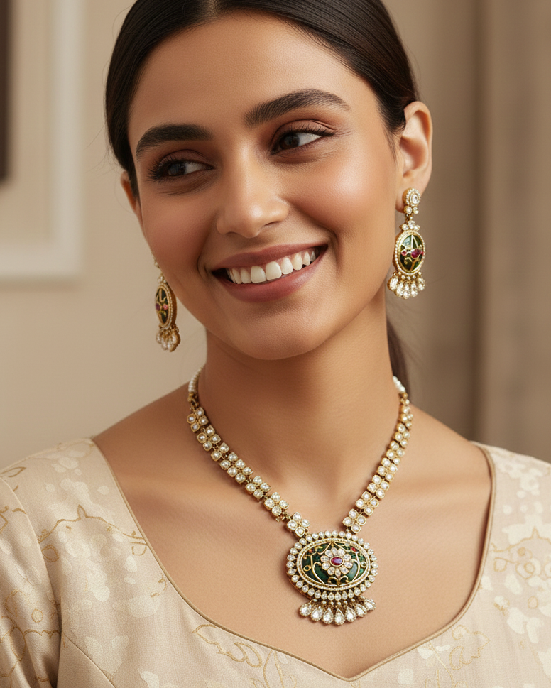 Green Stone Moissanite Kundan Pendant Necklace Set