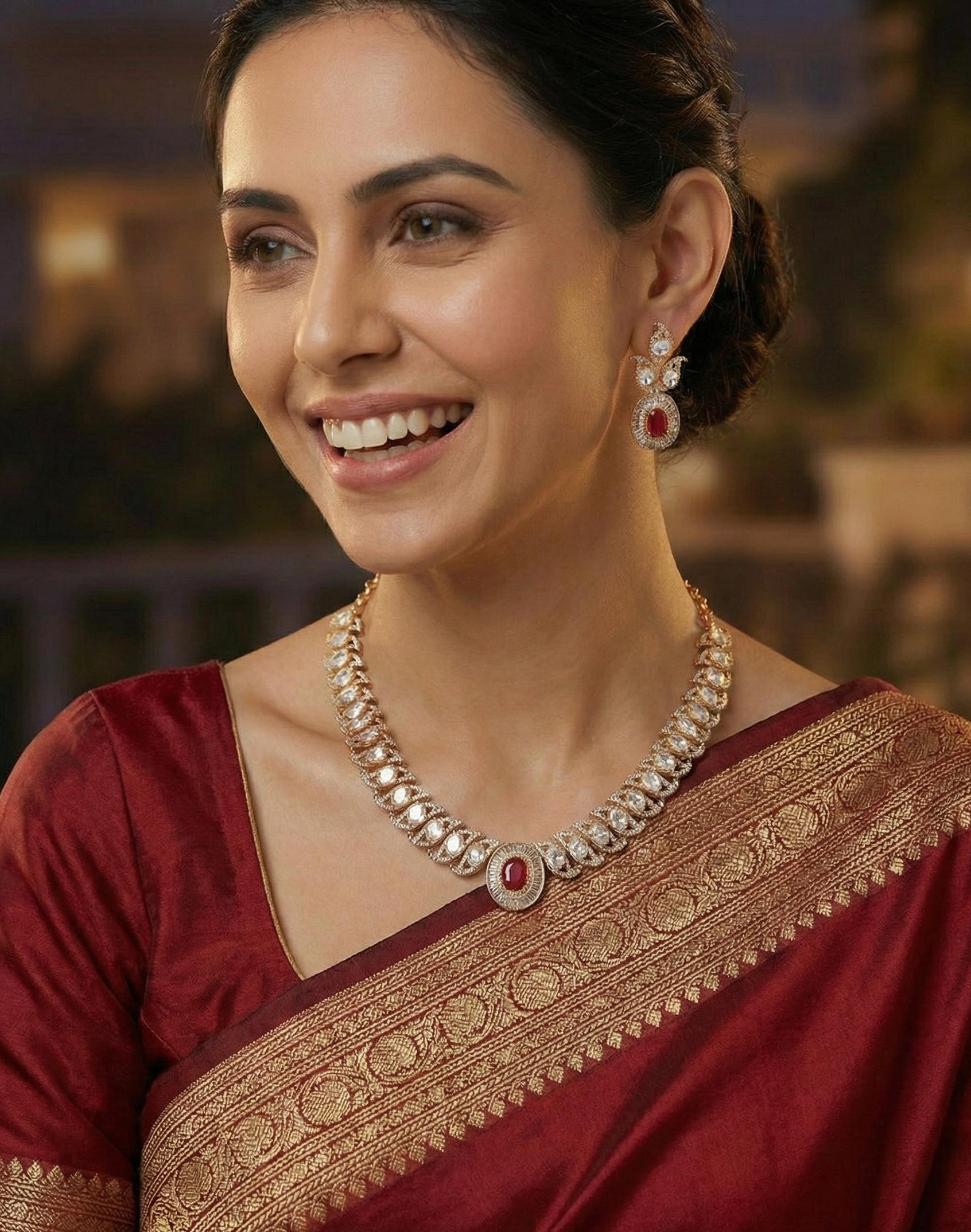 Ruby Red Stone Kundan Delicate Necklace Set