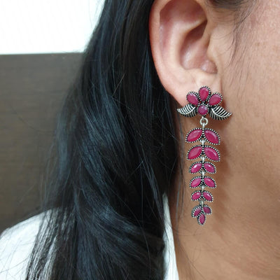 Leaf Design Ruby Color Stone Earrings