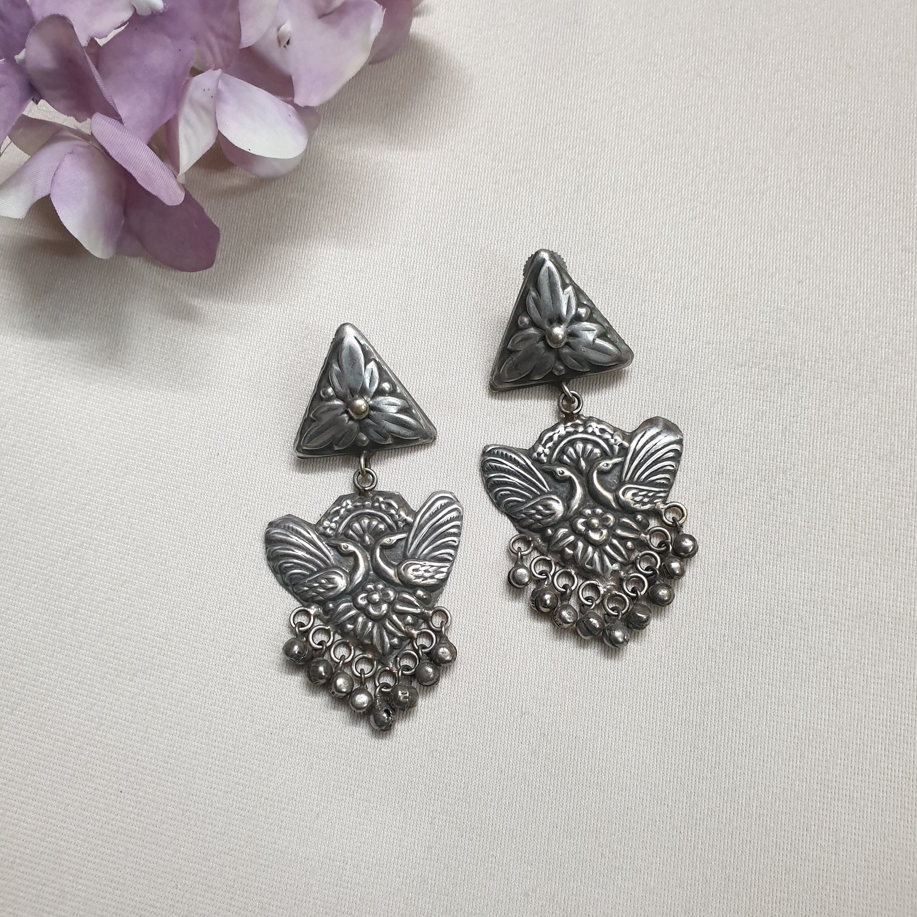 Peacock Design Silver LookaLike Oxidised Earrings