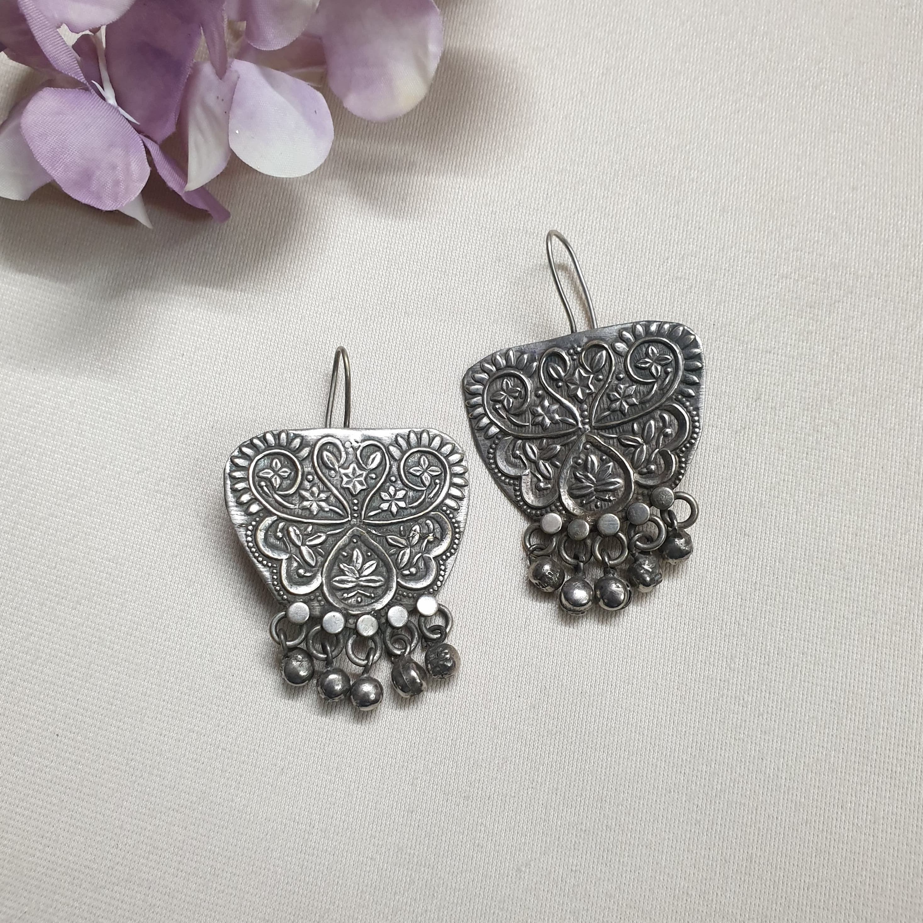 Oxidised Silver Handcarved Earrings