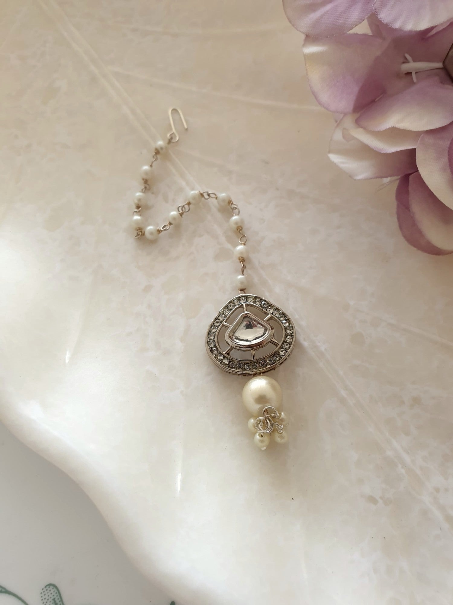 Silver Kundan Polki Pearl Beaded Maang Tikka