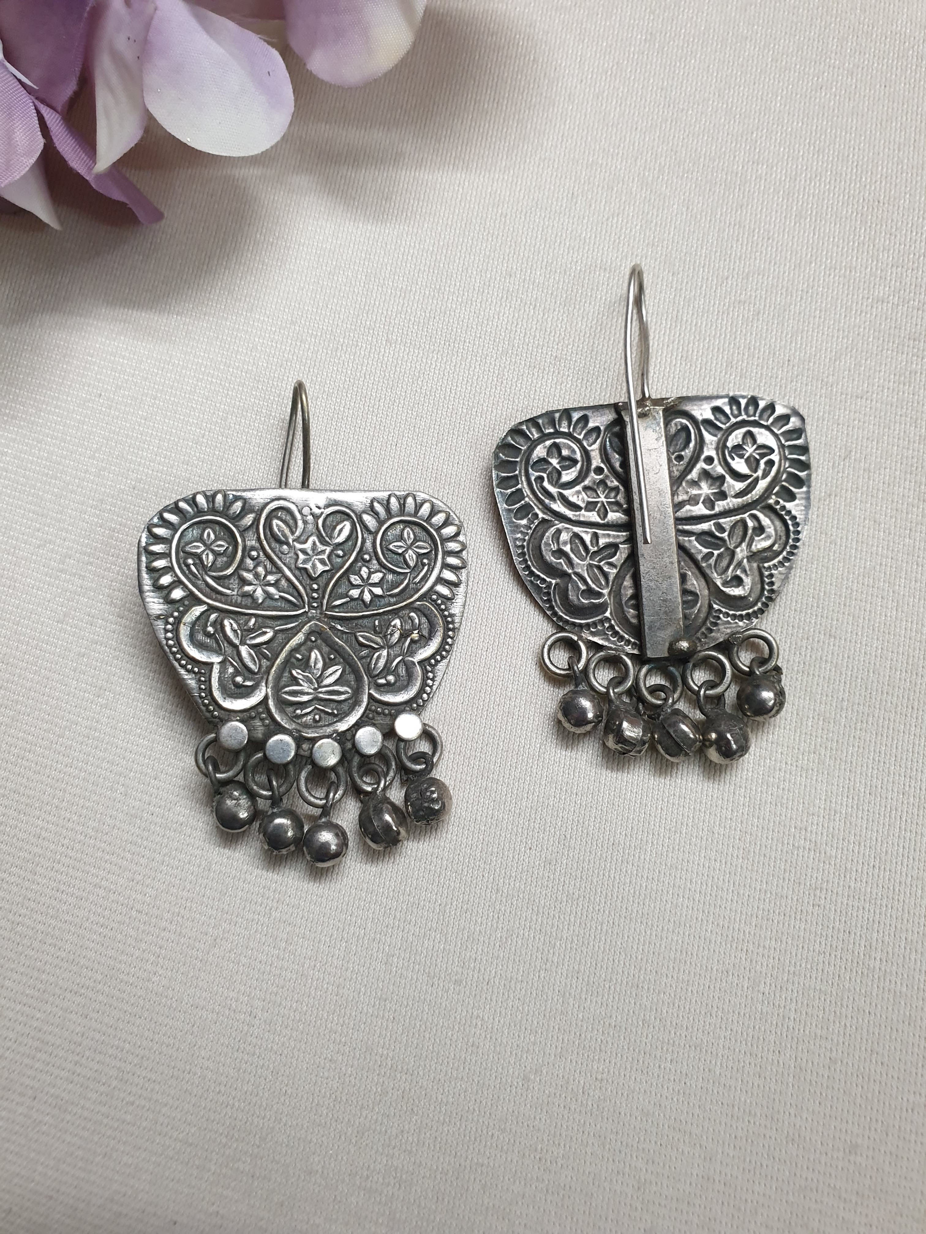 Oxidised Silver Handcarved Earrings