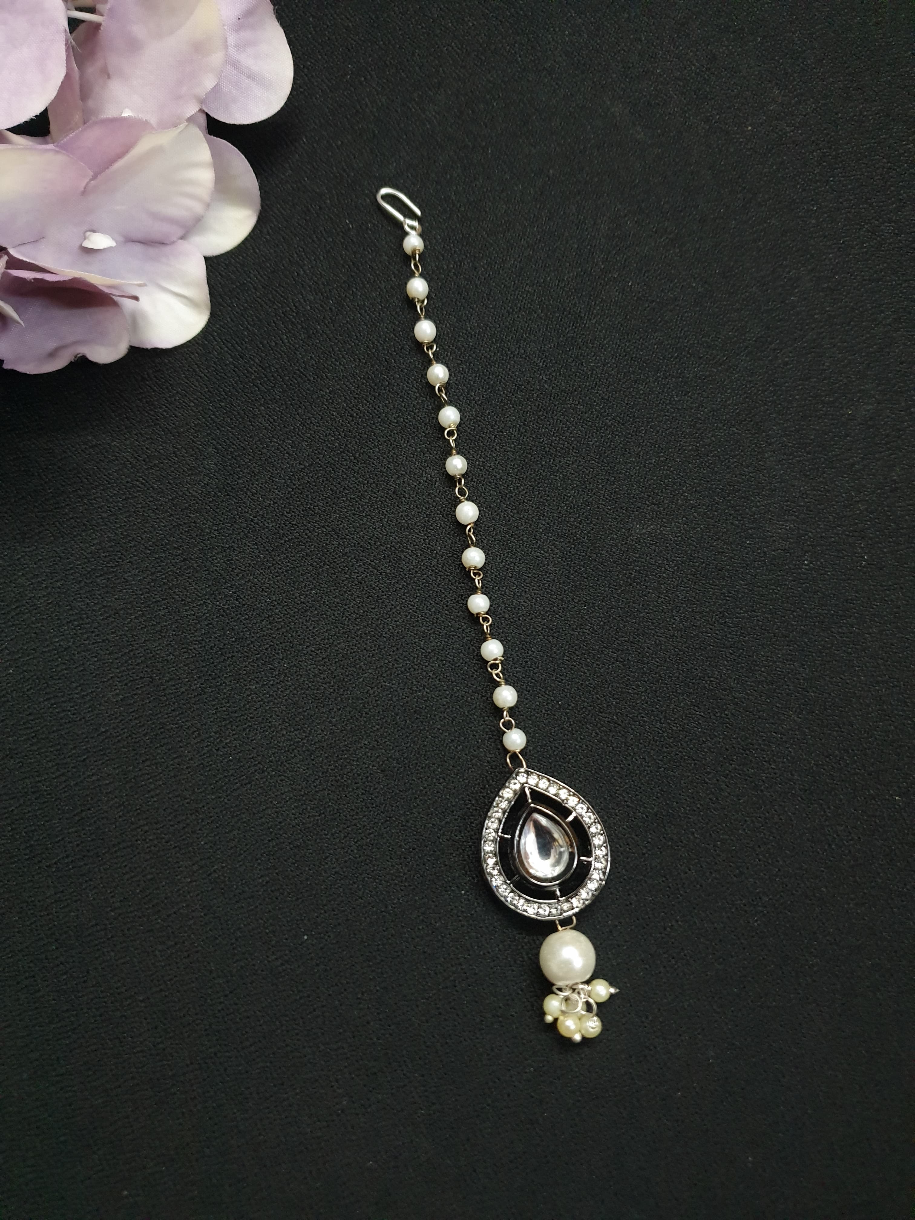 Silver Teardrop Kundan Polki Pearl Beaded Maang Tikka