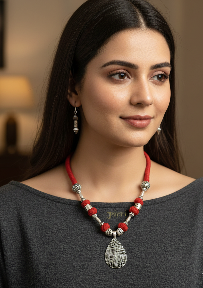 Tear Drop Oxidised Thread Necklace With Earrings