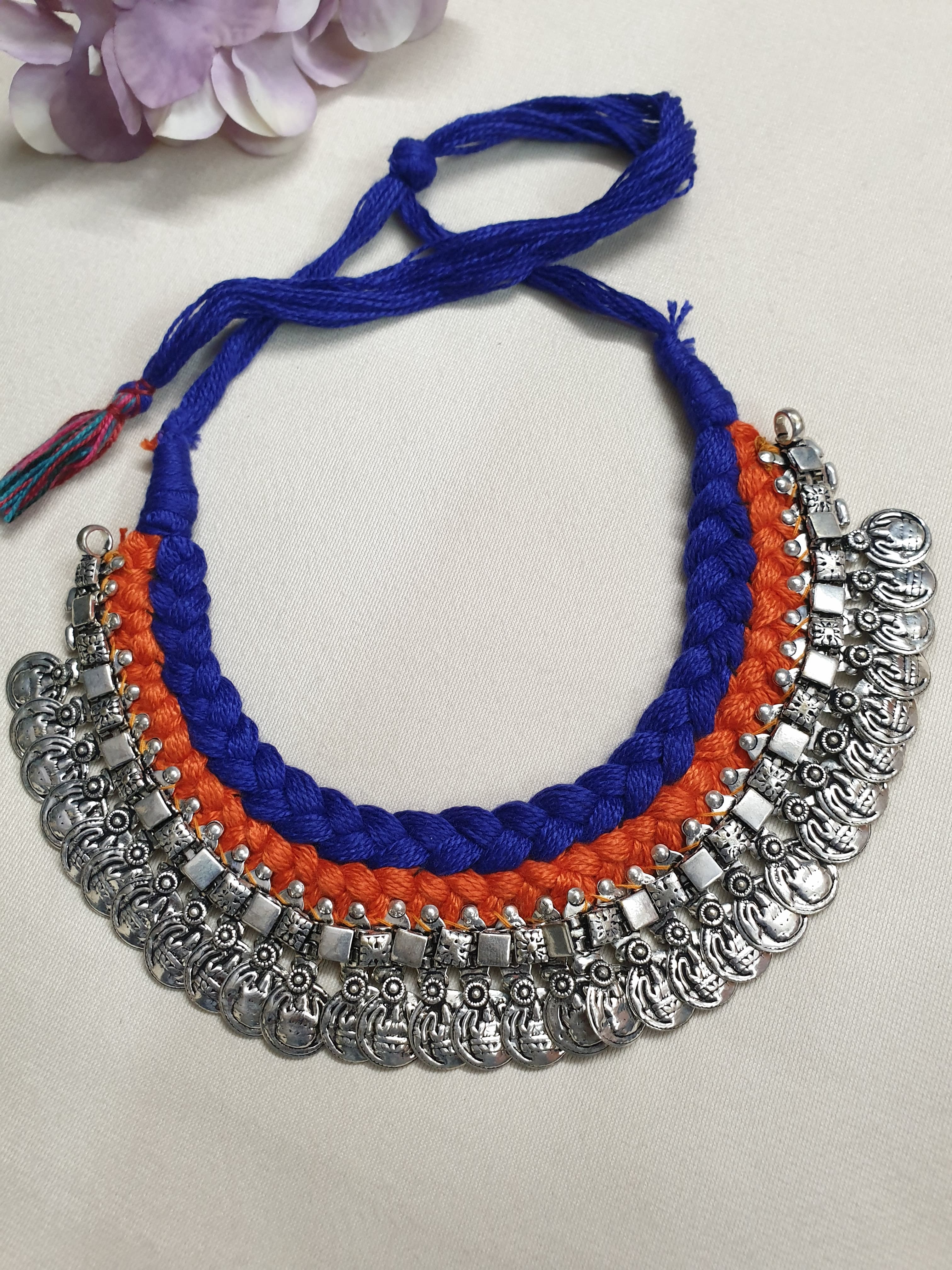 Oxidised Silver Orange Blue Thread Necklace