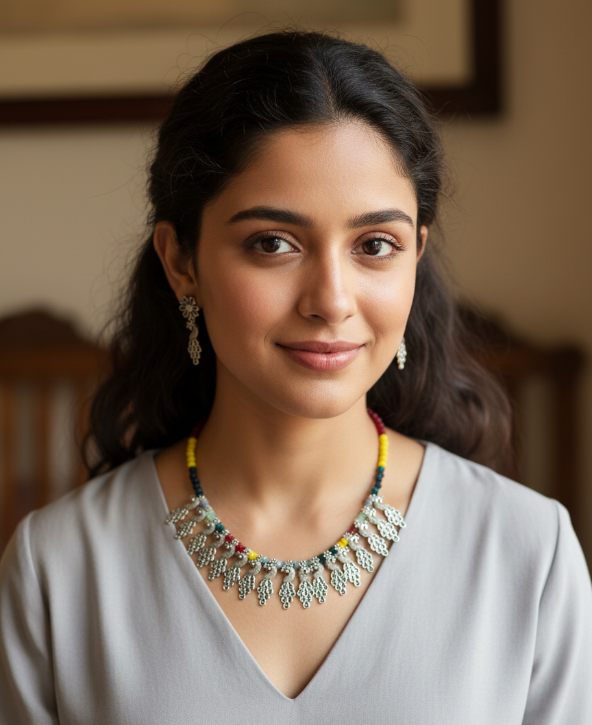 Oxidised Silver Peacock Design Delicate Necklace with Earrings