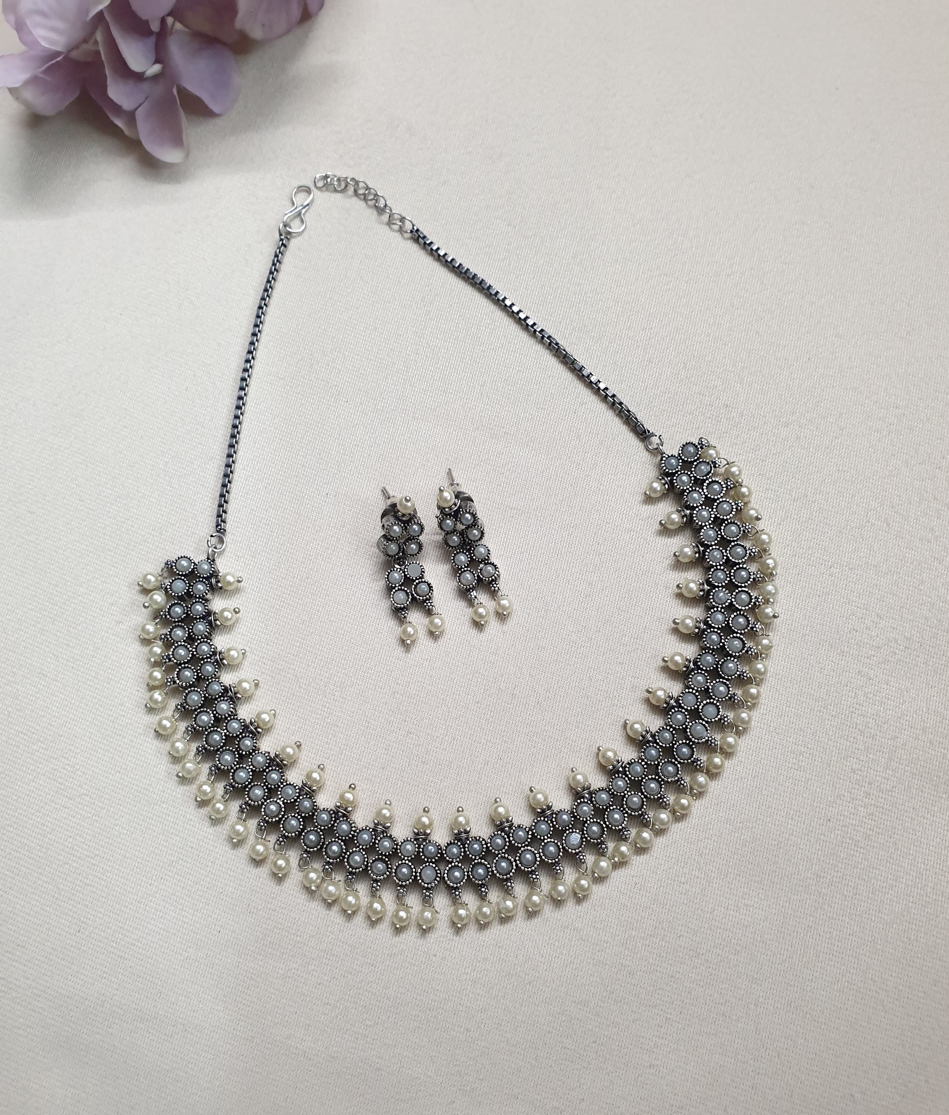 Oxidised Silver Pearl Delicate Necklace With Earrings