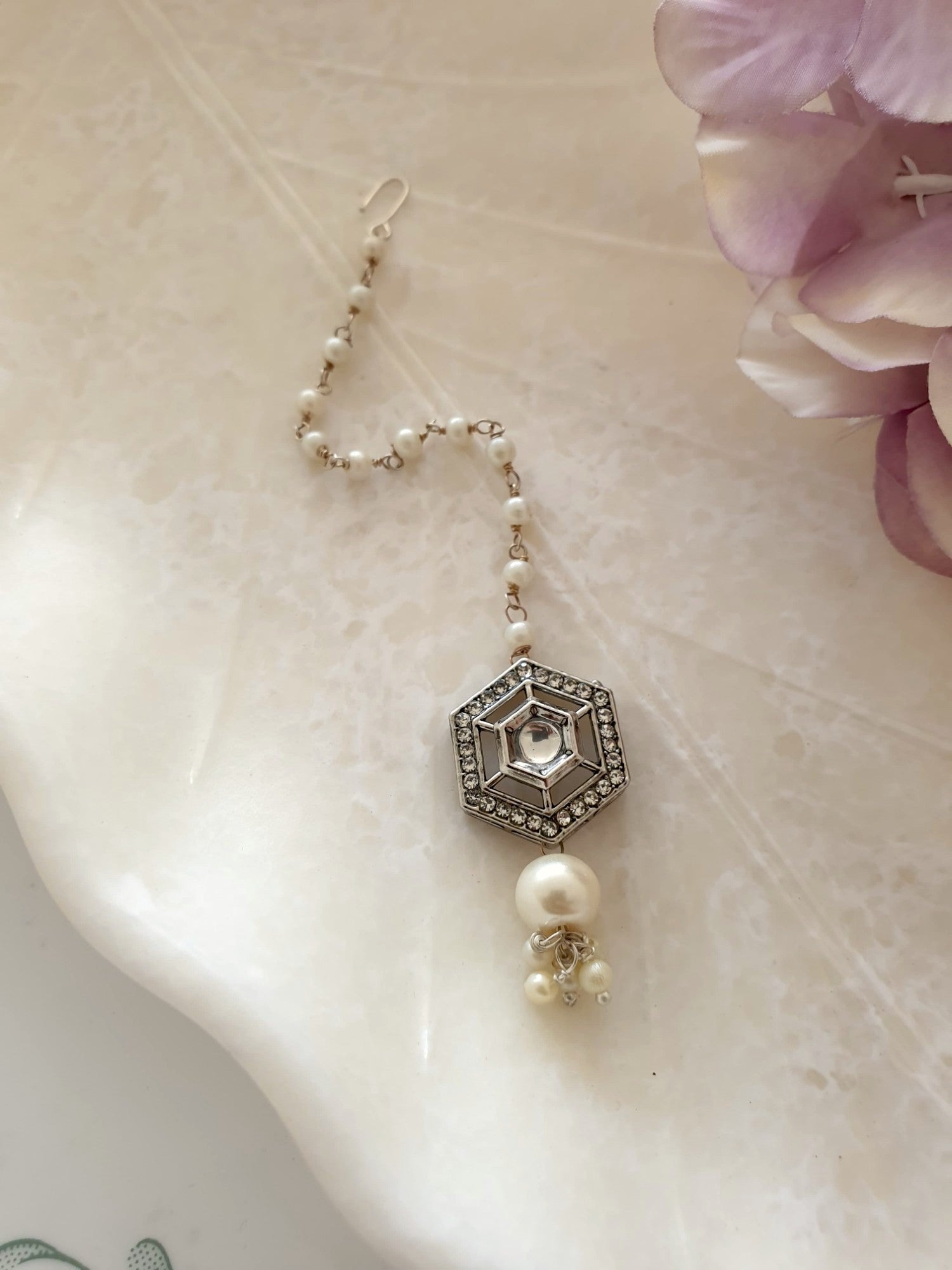 Silver Designer Kundan Polki Pearl Beaded Maang Tikka