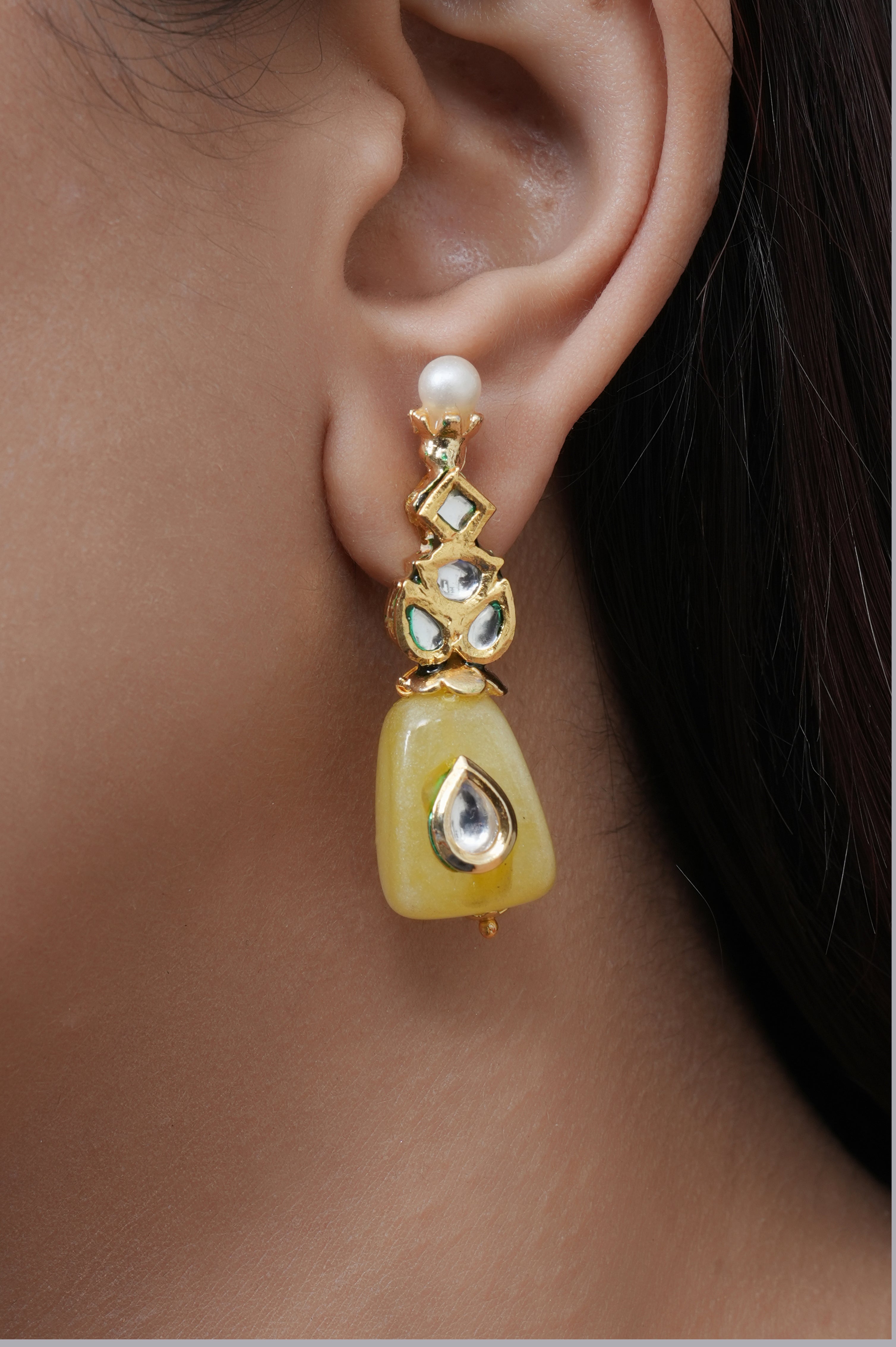 Yellow Stone Kundan Small Earrings