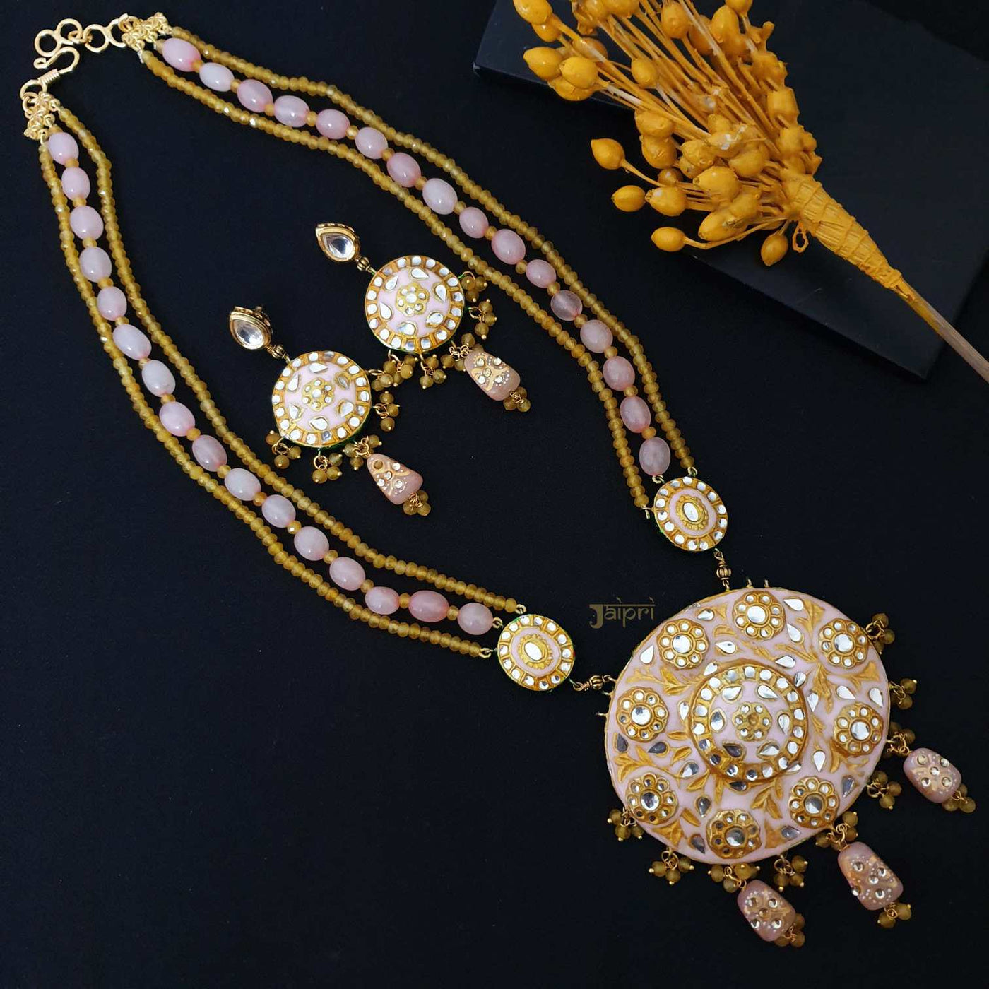 Rose Quartz Stone Meenakari Gold Pendant With Earrings
