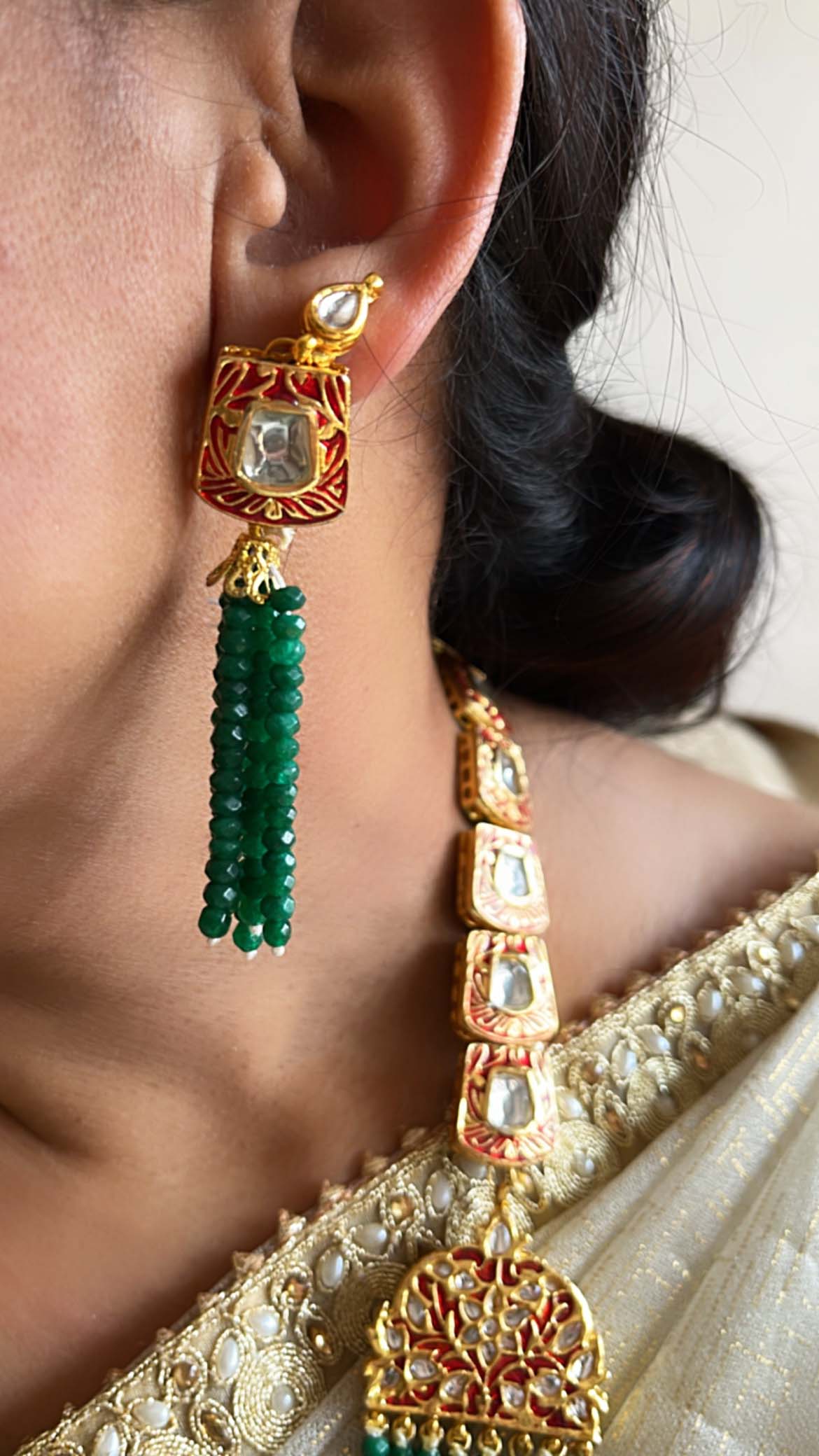 Meenakari & Kundan Green Beads Stone Necklace With Earrings