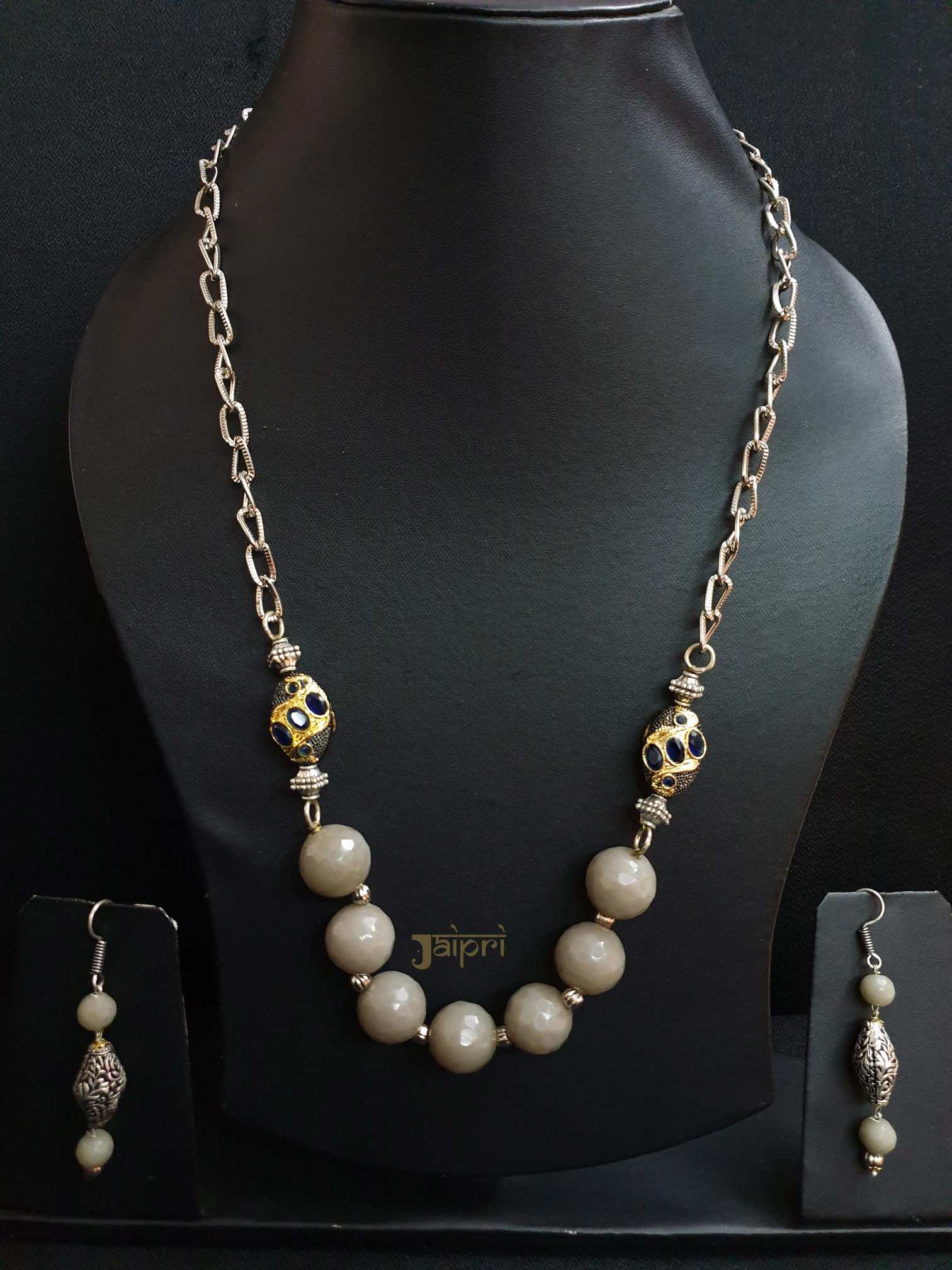Oxidized Grey Stone, Necklace With Earrings