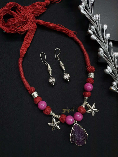 Tear-Drop Design, Pink Stone Necklace With Earrings
