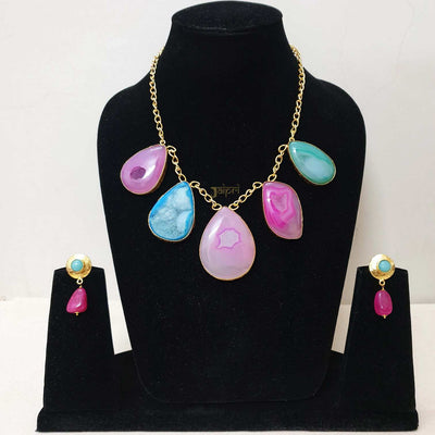 Tear-Drop Multicolor Stone Fusion Gold Necklace With Earrings