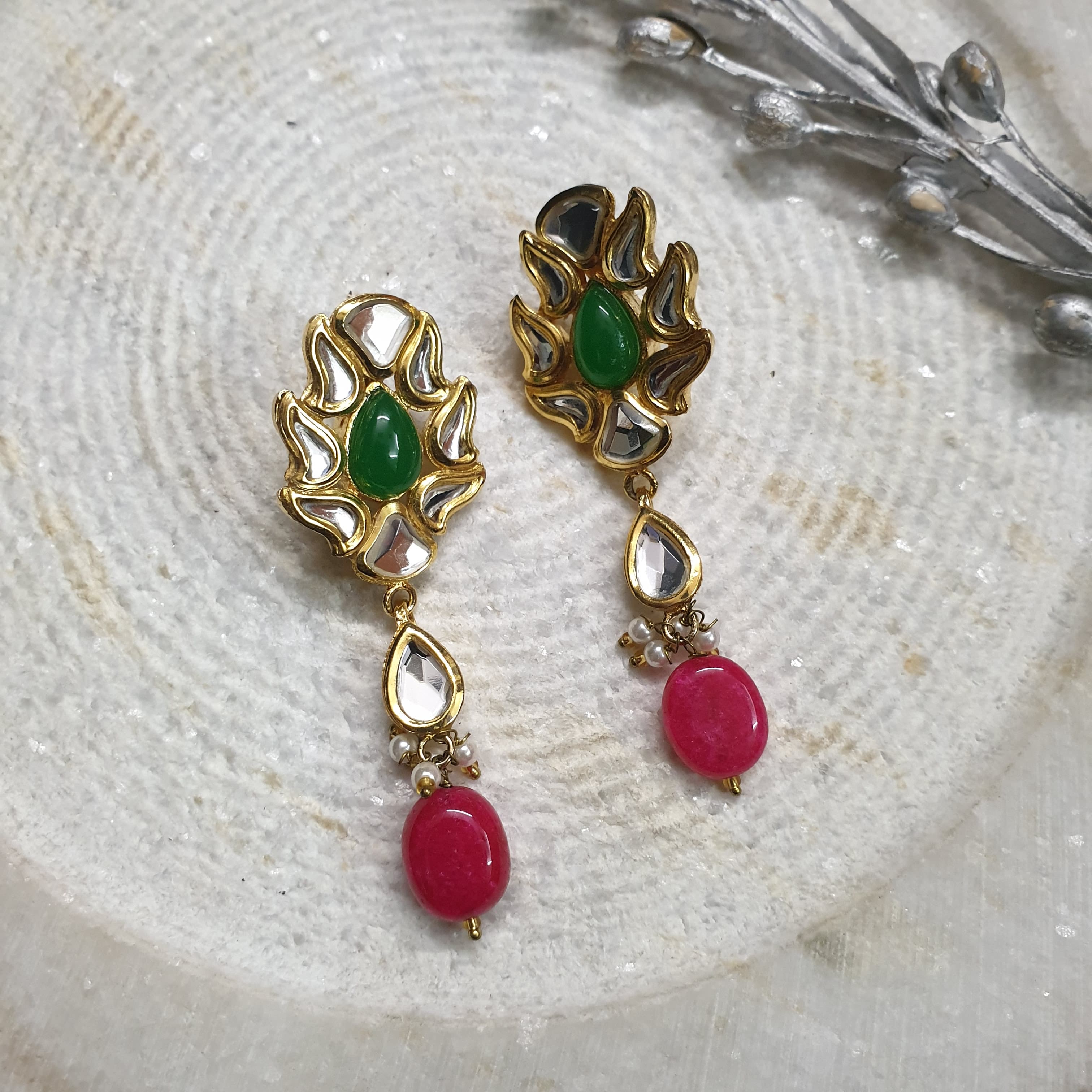 22k Gold Plated Red Green Stone Kundan Earrings