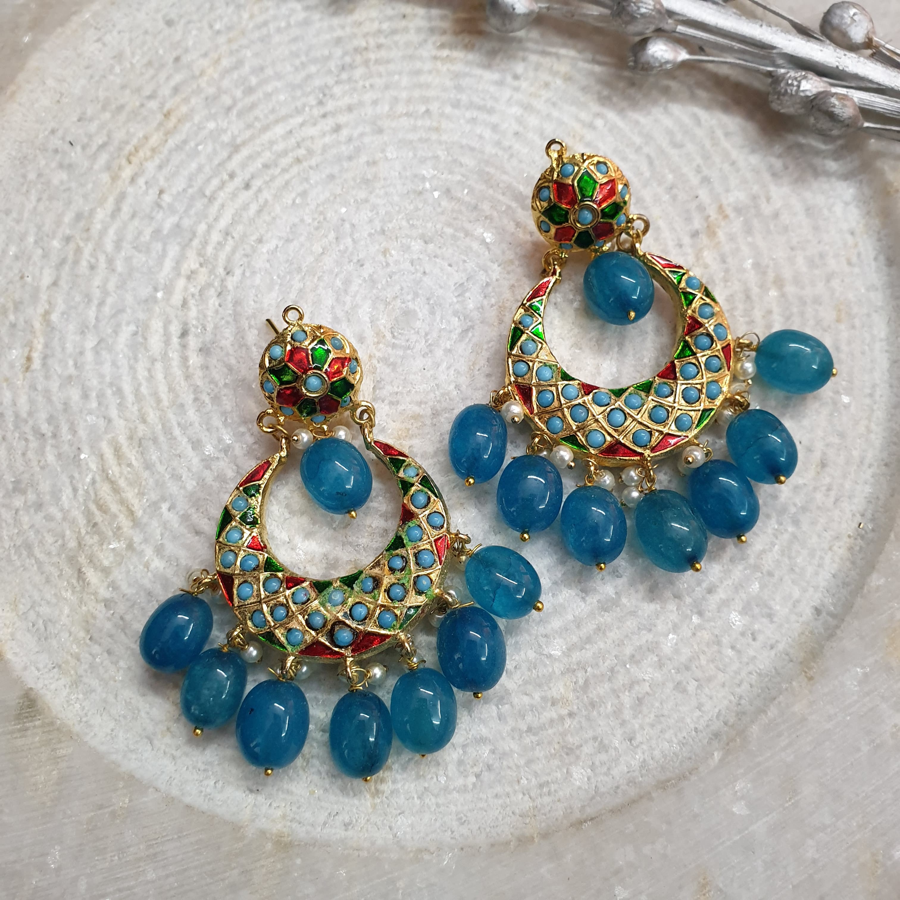 Turquoise Stone Designer Jadau Chandbali Earrings