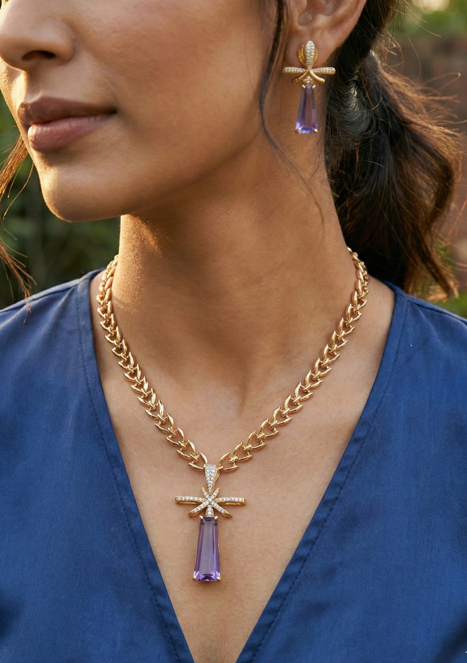 Blue Stone AD Delicate Chain Necklace Set