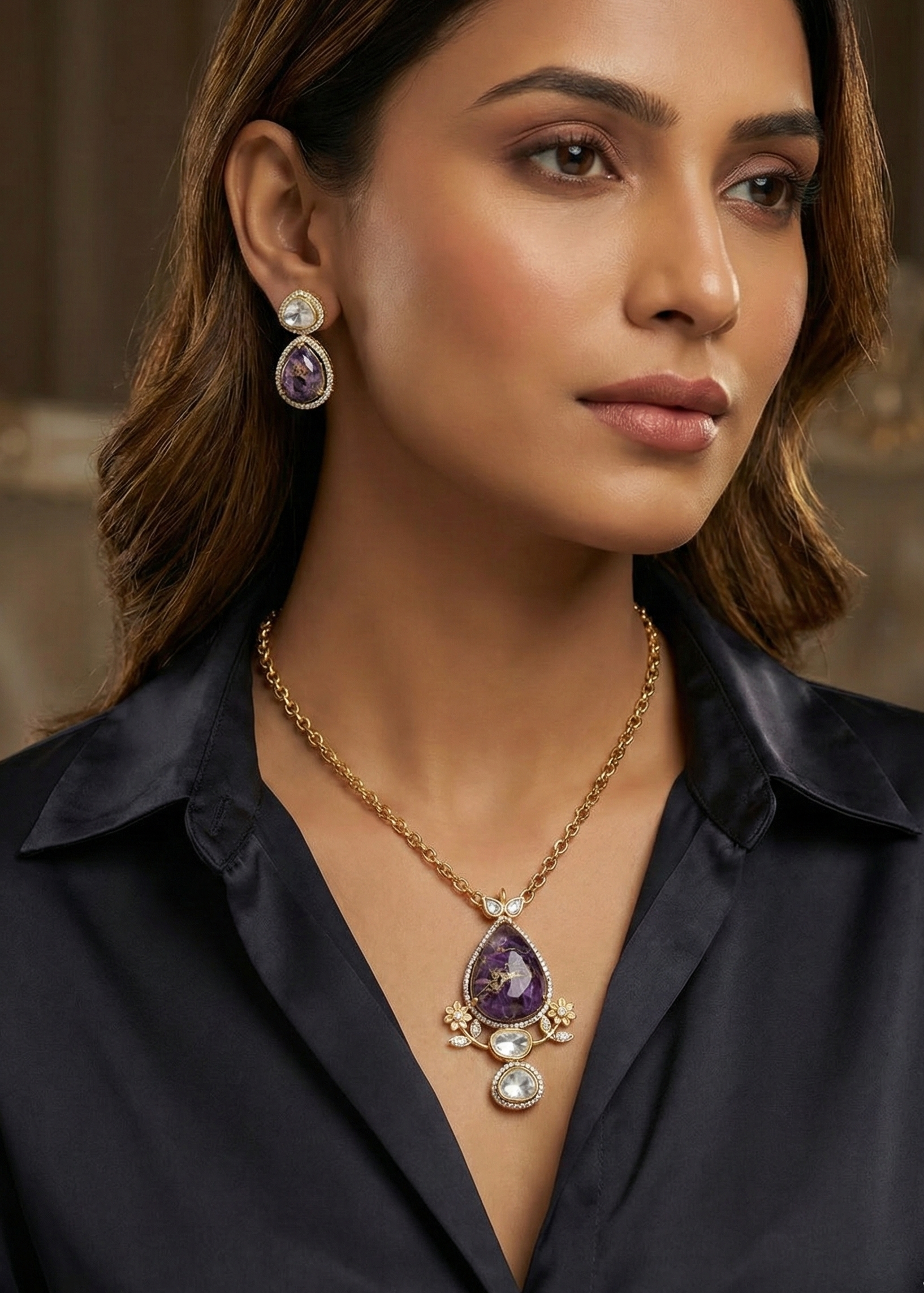 Purple Doublet Stone Chain Necklace With Earrings