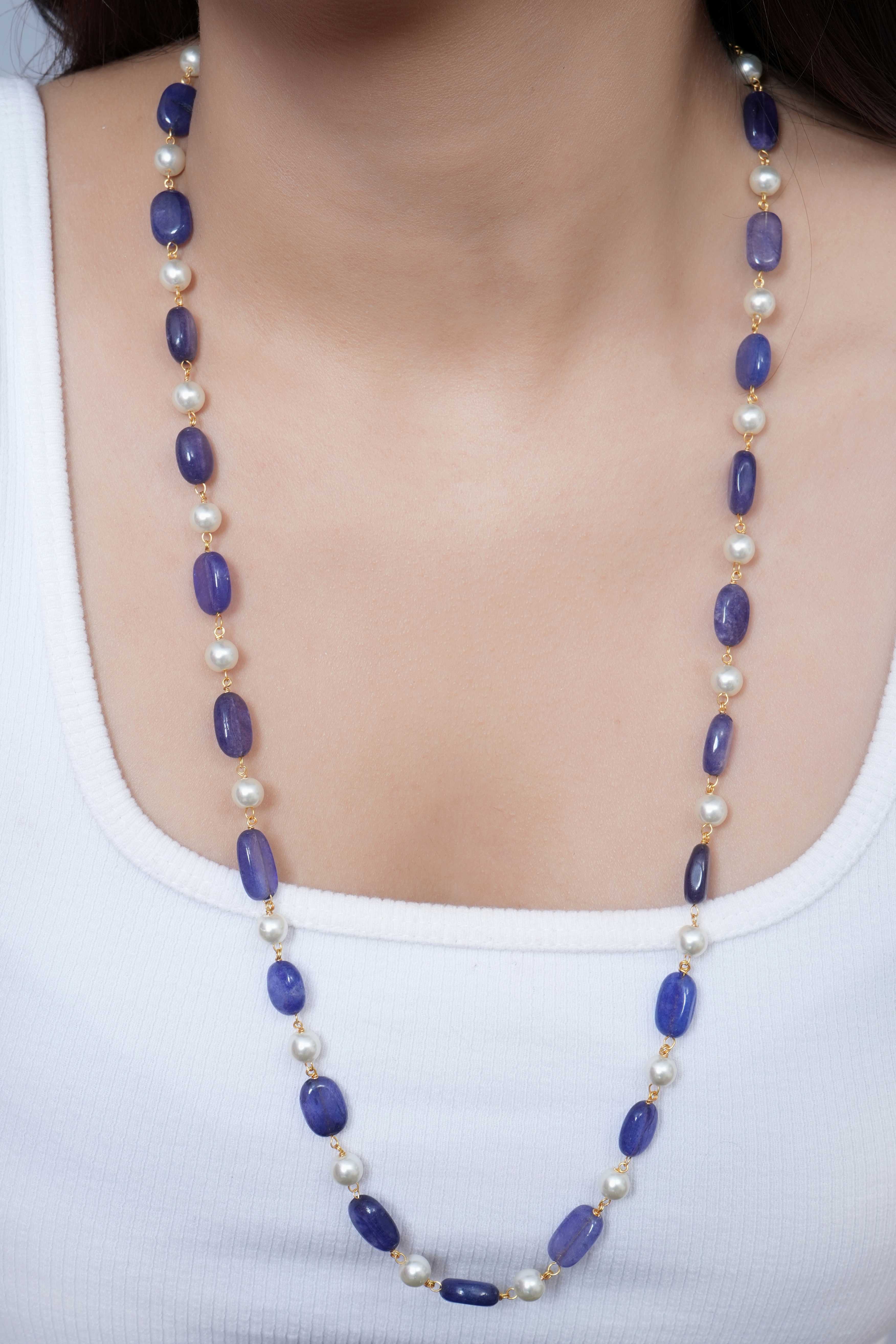 Blue Stone and Pearl Small Beaded Necklace