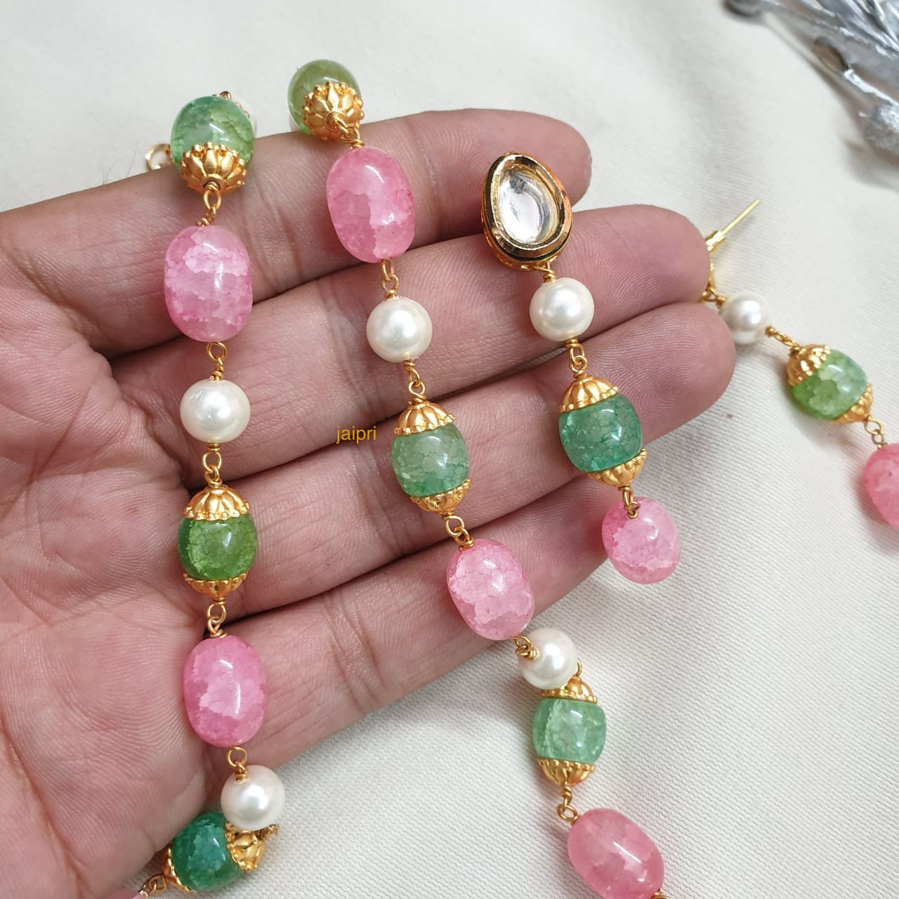 Green And Baby Pink Stone Beads Pearl Long Mala