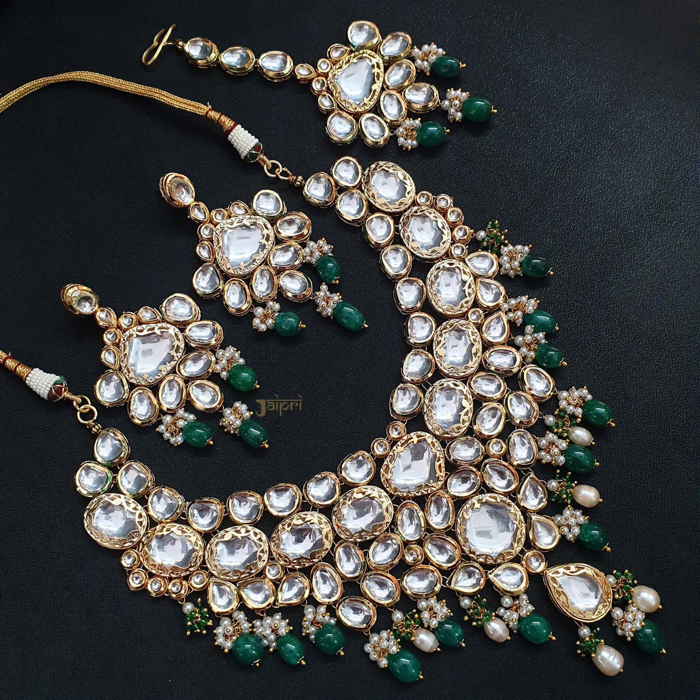 Kundan Pearl And Green Beads Bridal Necklace With Earrings And Maangtikka