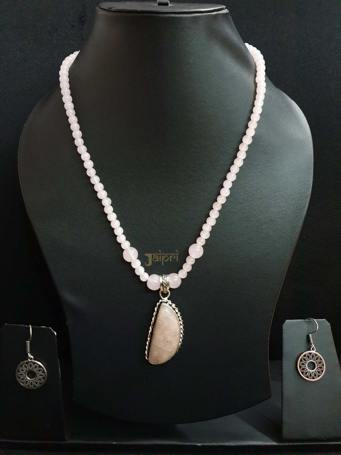 Rose Quartz Stone Necklace With Earrings