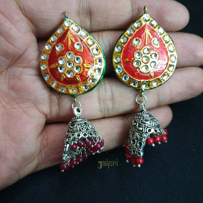 Tear-Drop Design Kundan & Meenakari Jhumki Earrings