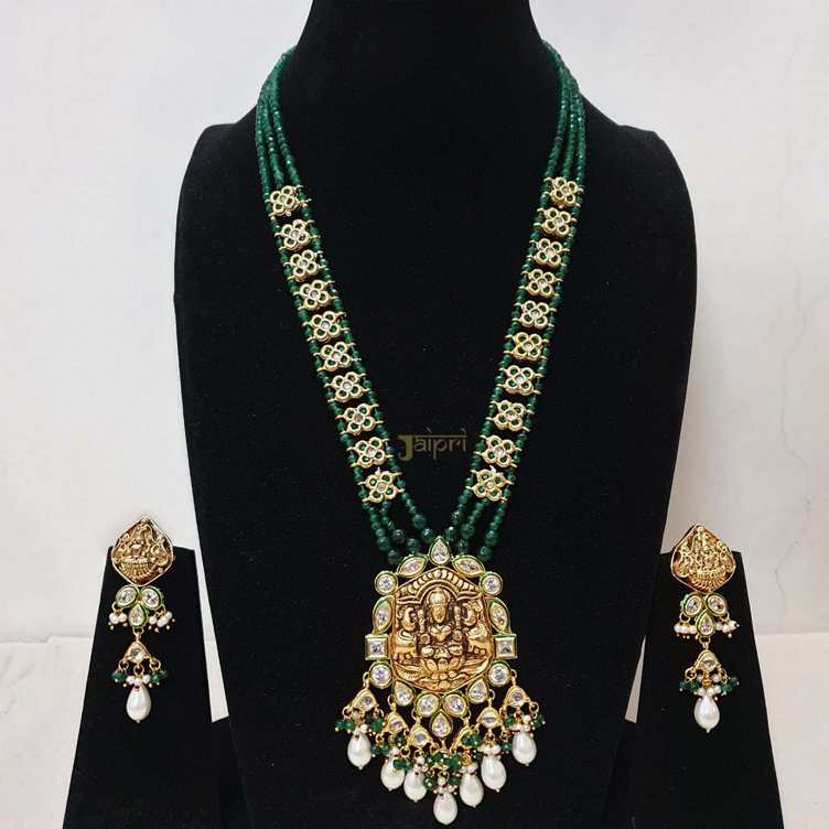 Temple Jewelry Design Green & Pearl Stone Necklace With Earrings