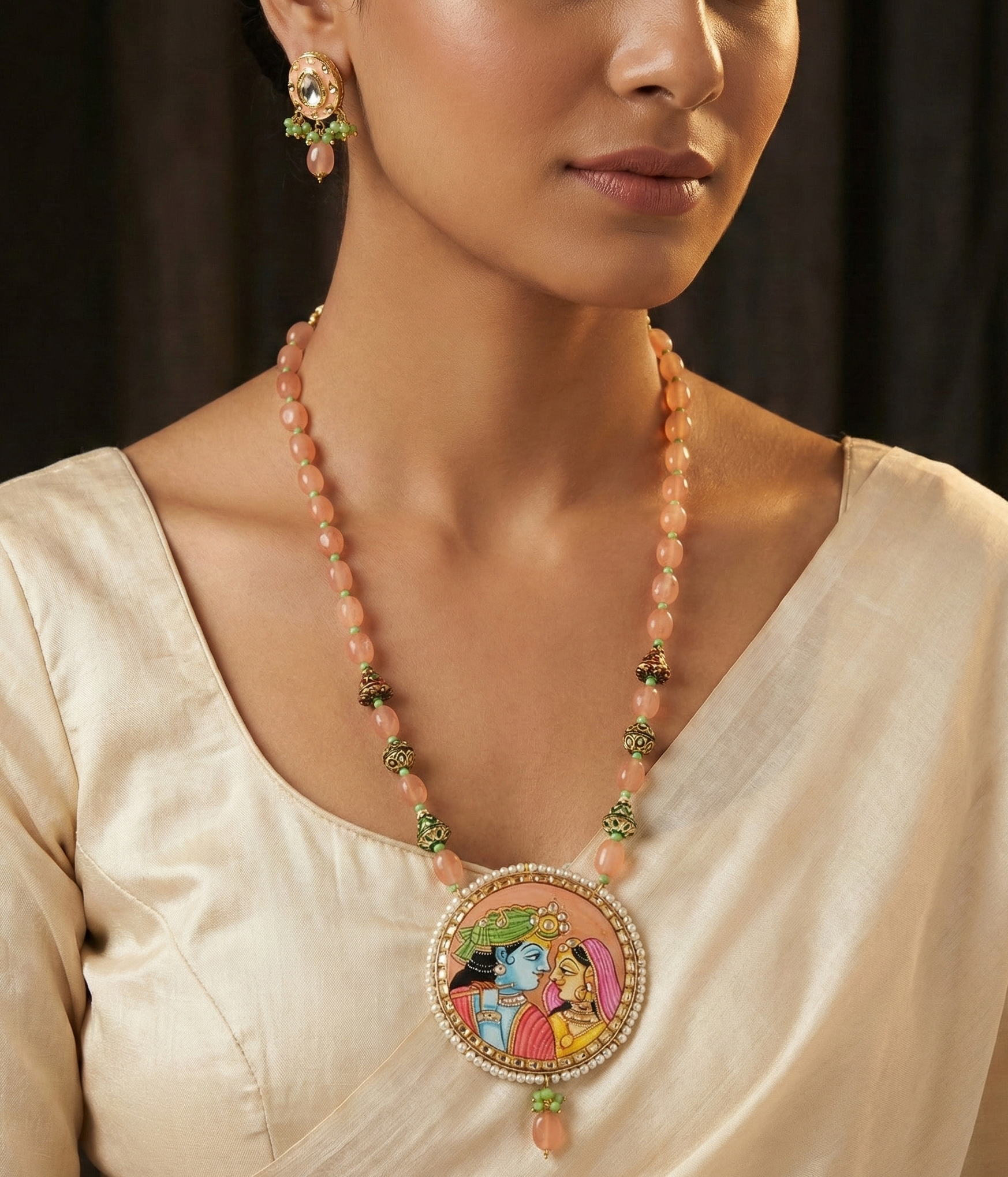 Peach Stone Handpainted Radha Krishna Set With Earrings
