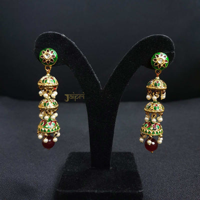Three Layer Jhumki Green Meenakari Floral Earrings