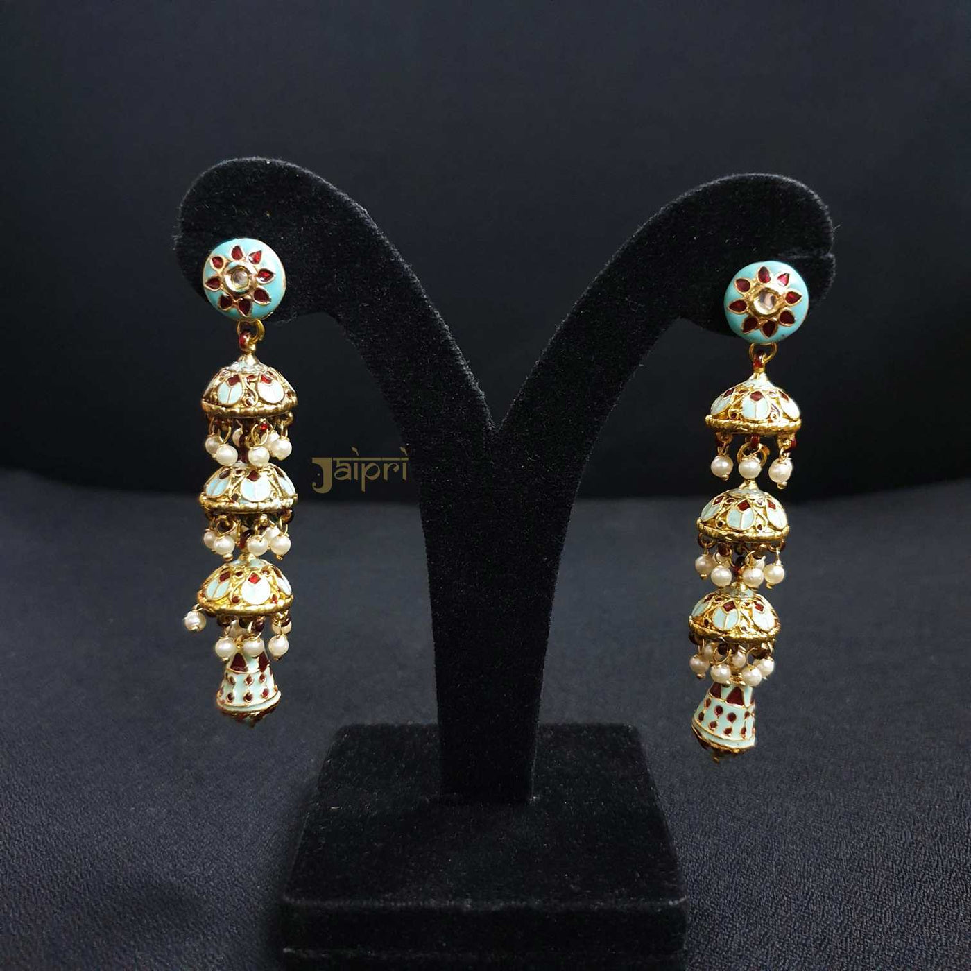 Floral Design & Three Layer Jhumki Kundan-Meenakari Earrings