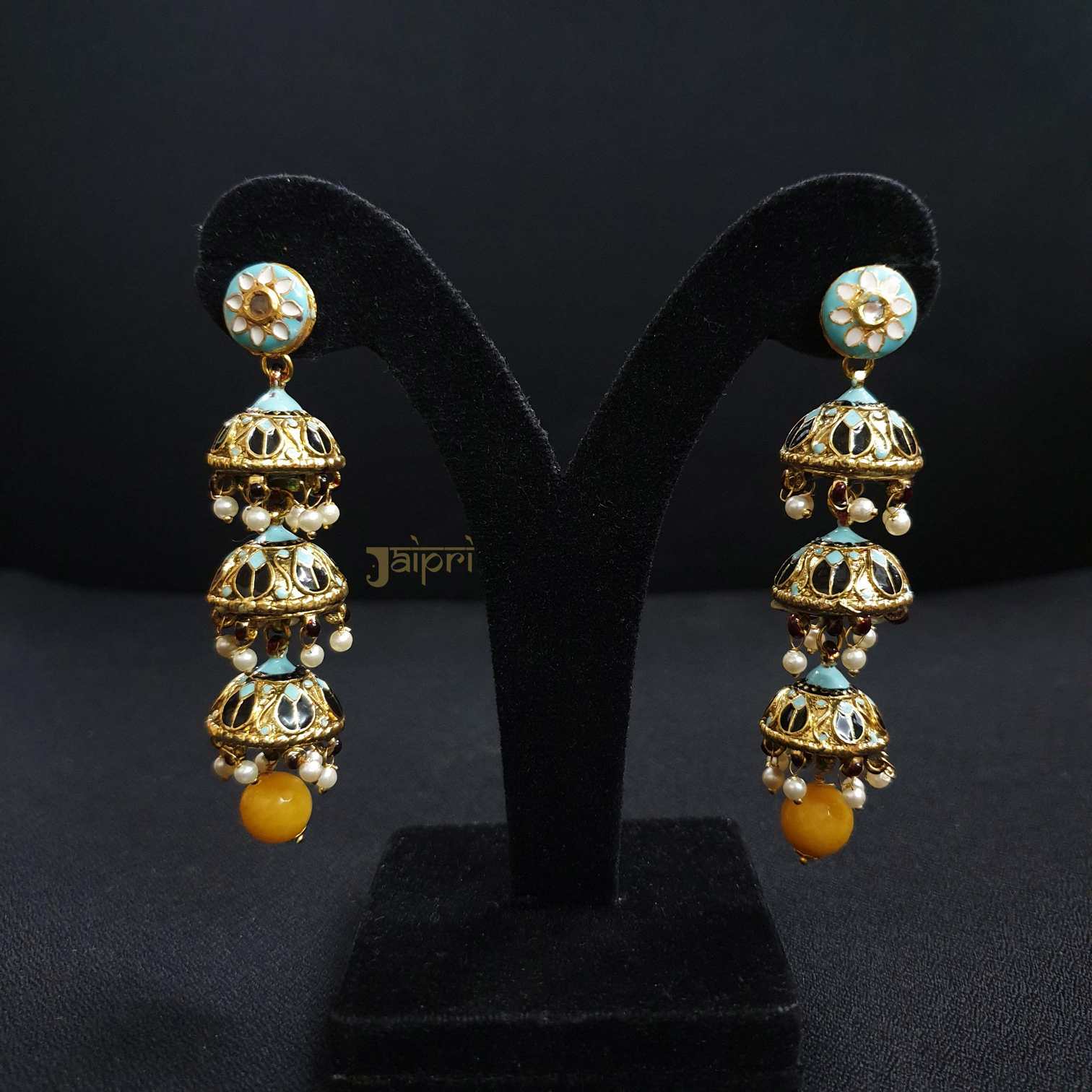 Three Layer Jhumki With Kundan-Meenakari Floral Earrings