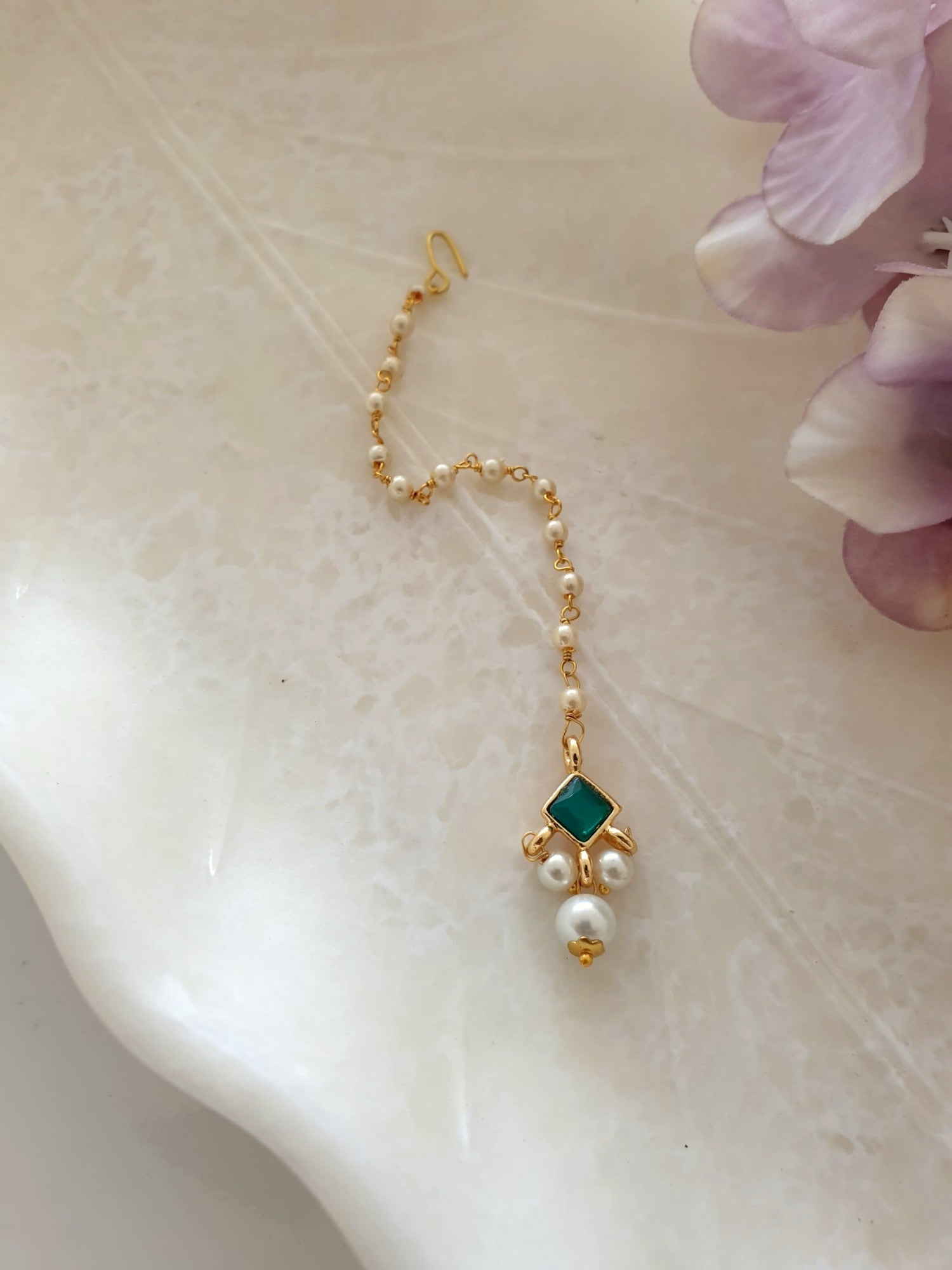 Green Square Stone Meenakari Pearl Beaded Maang Tikka