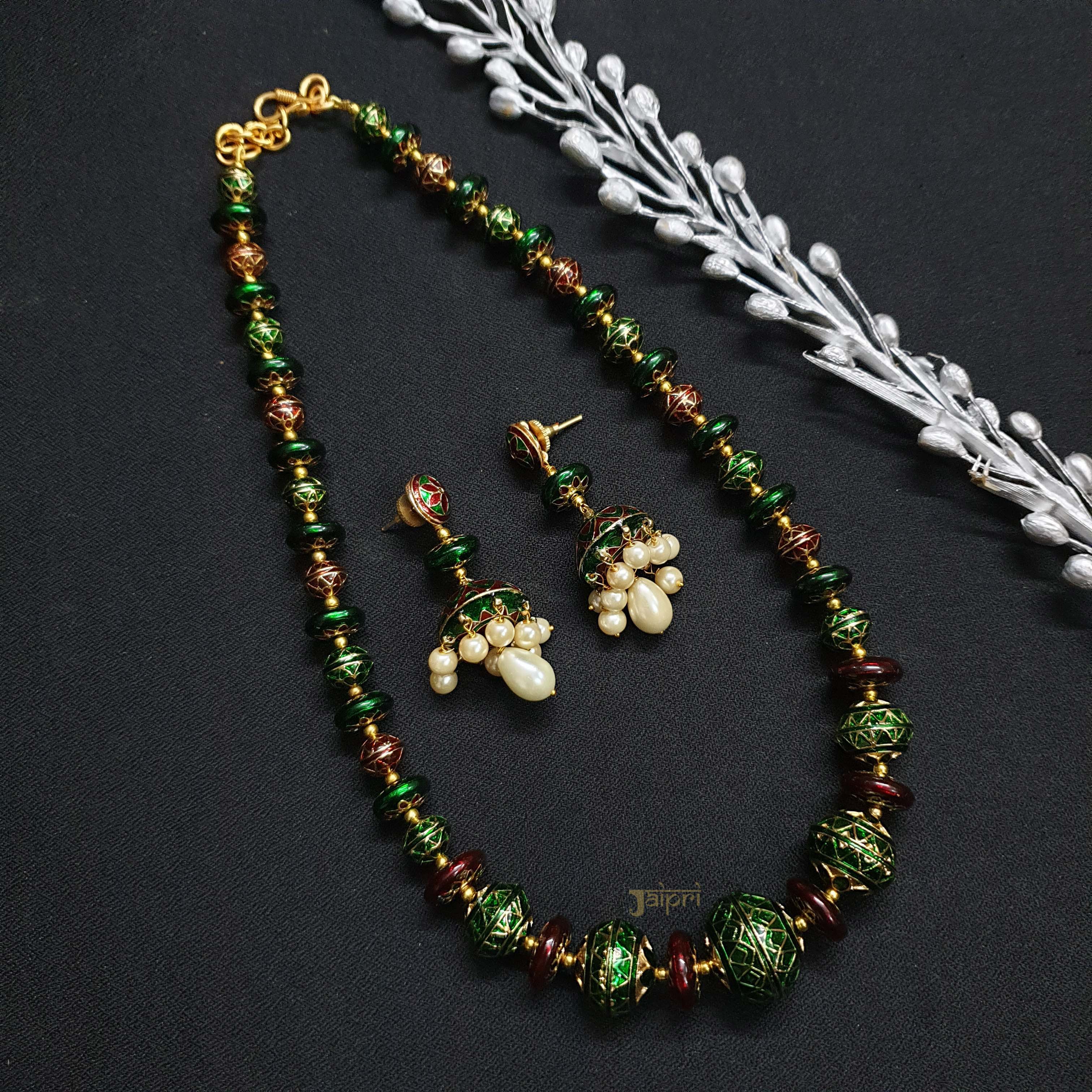 Green Maroon Meenakari Beads Necklace With Earrings